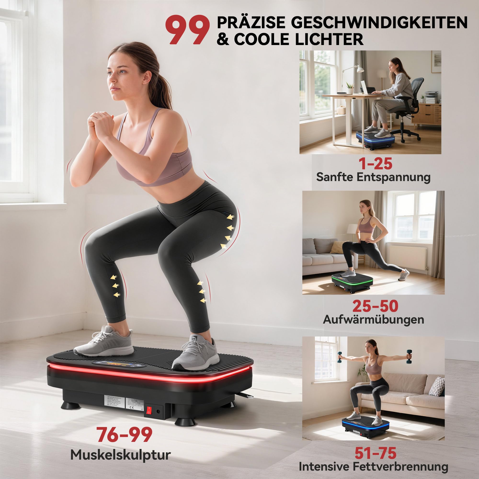 SPORTNOW Vibrationsplatte Rüttelplatte mit 99 Intensitätsstufen 3 Vorprogramm Lichtern Bluetooth Widerstandsbänder Kompakt Vibrationsgerät Vibrationstrainer für Muskelaufbau Ganzkörpertraining