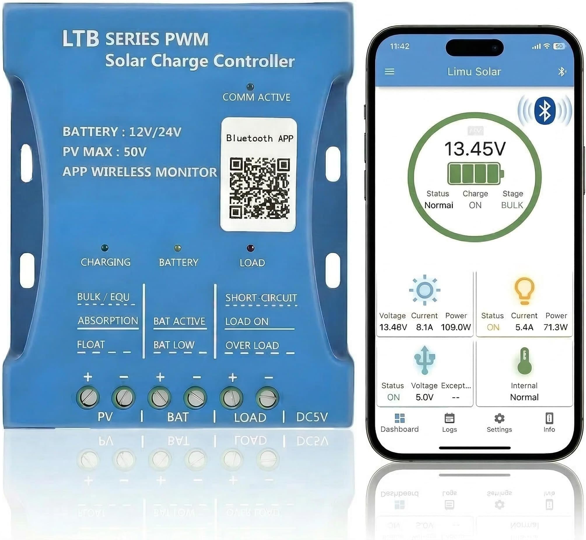 10A Bluetooth Solar Charger Controller 12V/24V Intelligent Regulator Solar Panel Battery Charging Statistics Pwm with USB Port 12V24V Lead-Acid/Lithium Battery