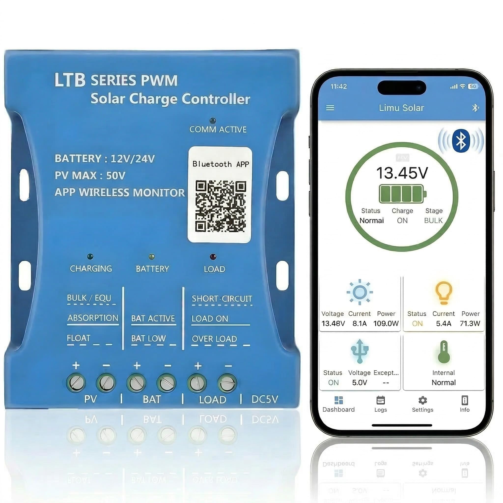 10A Bluetooth Solar Charger Controller 12V/24V Intelligent Regulator Solar Panel Battery Charging Statistics Pwm With Usb Port 12V24V Lead-Acid/Lithium Battery