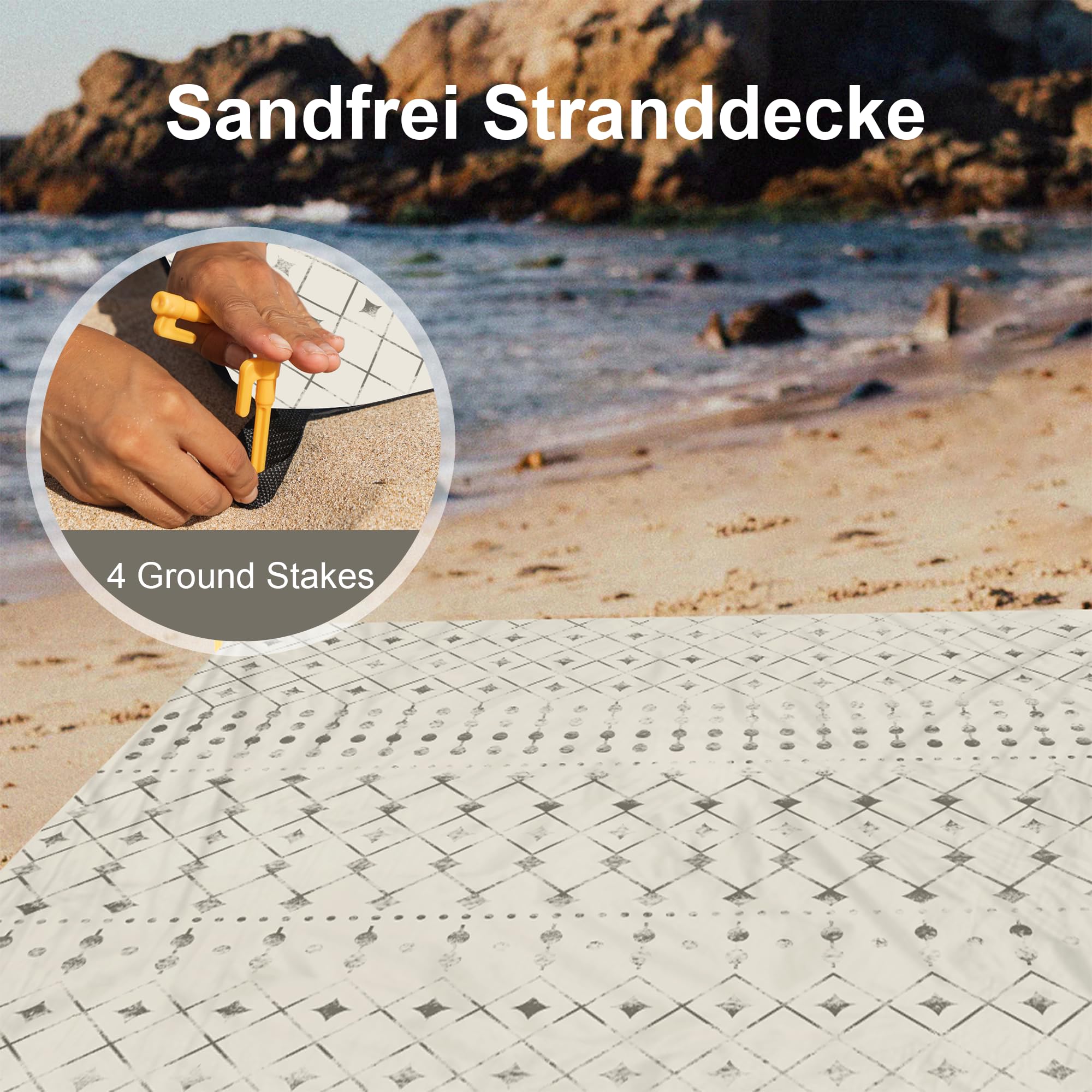 Jopee 280 x 300cm Stranddecke Sandfrei, Wasserdicht Picknickdecke für 4-8 Personen, Leicht und Tragbar Strandmatte mit 4 Heringen und 4 Ecktaschen, Outdoor Decke für Wandern, Reisen, Camping - Beige