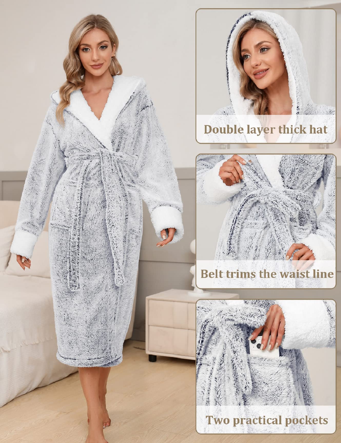 Nadeer Bata Con Capucha para Mujer, De Baño De Felpa Suave, De Casa Ropa De Salón Albornoz