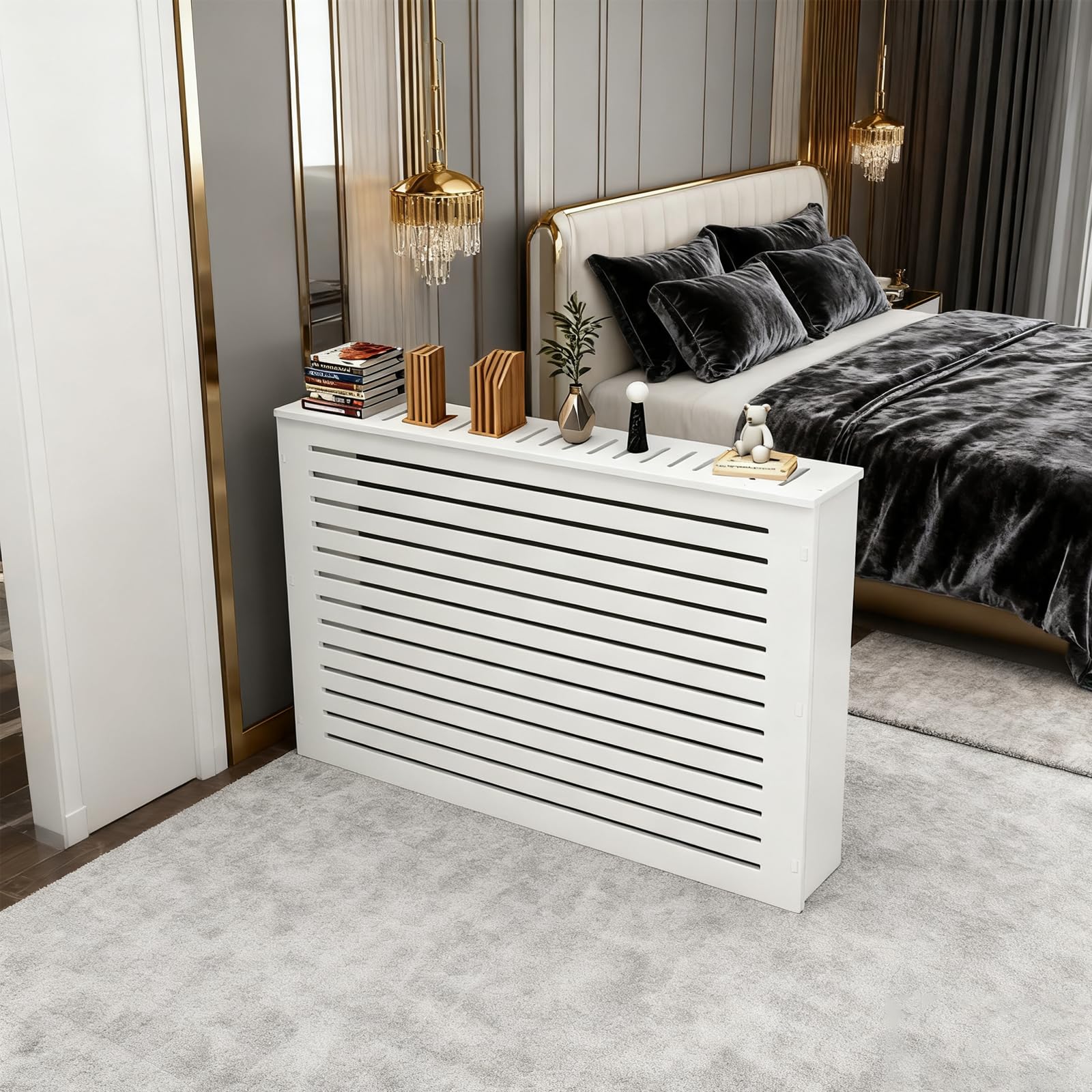 Cubierta de radiador con estante, armario calefactor decorativo para sala de estar, dormitorio, pasillo y oficina en casa, diseño moderno con persianas, color blanco