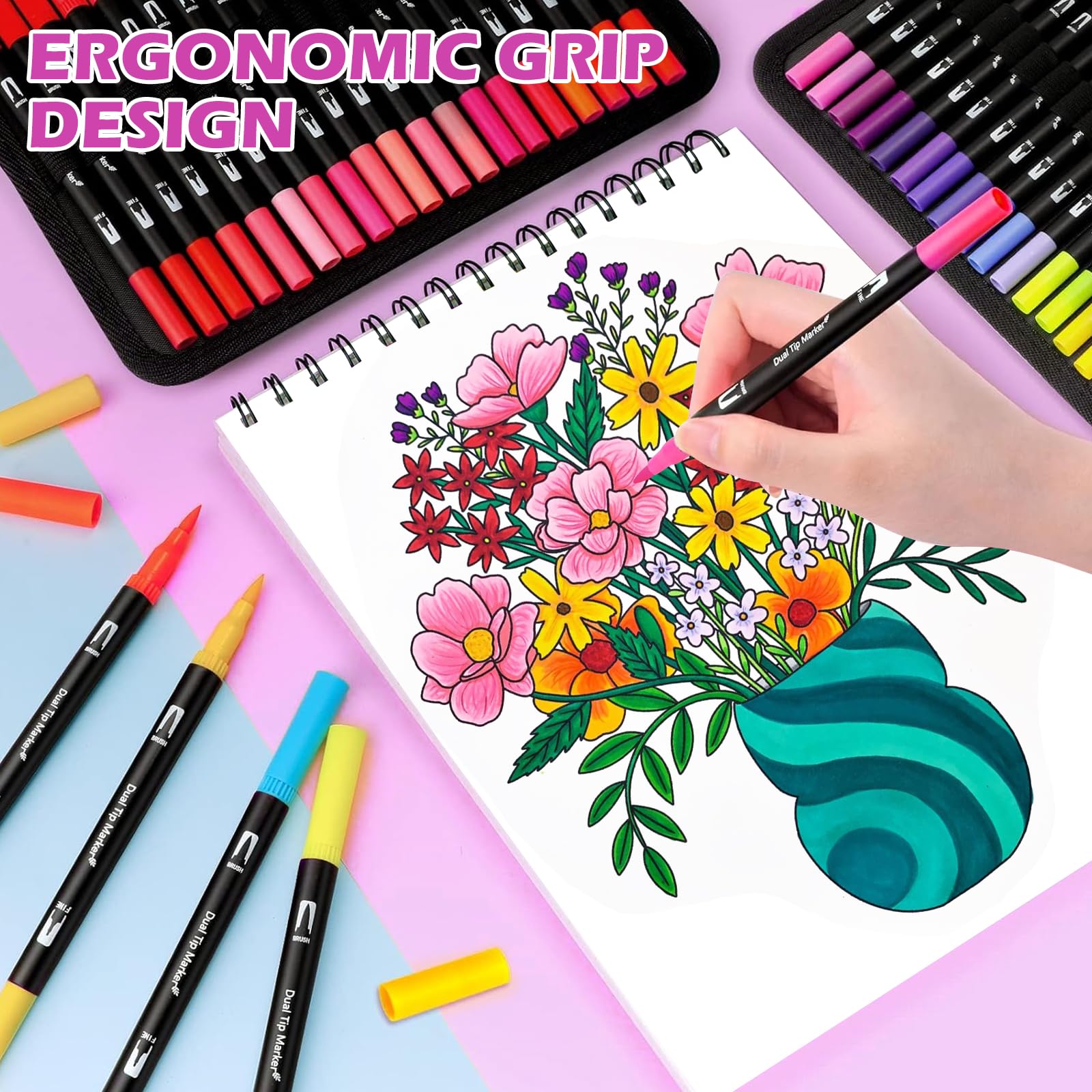 VAKKI 120 Couleurs Feutres Coloriage Adulte, Double Pointe Feutre Aquarelle avec Pointe Fine 0.4mm et Pointe Pinceau 1-2mm, Stylo Feutre pour Enfants Artistes Dessin Calligraphie Cadeau