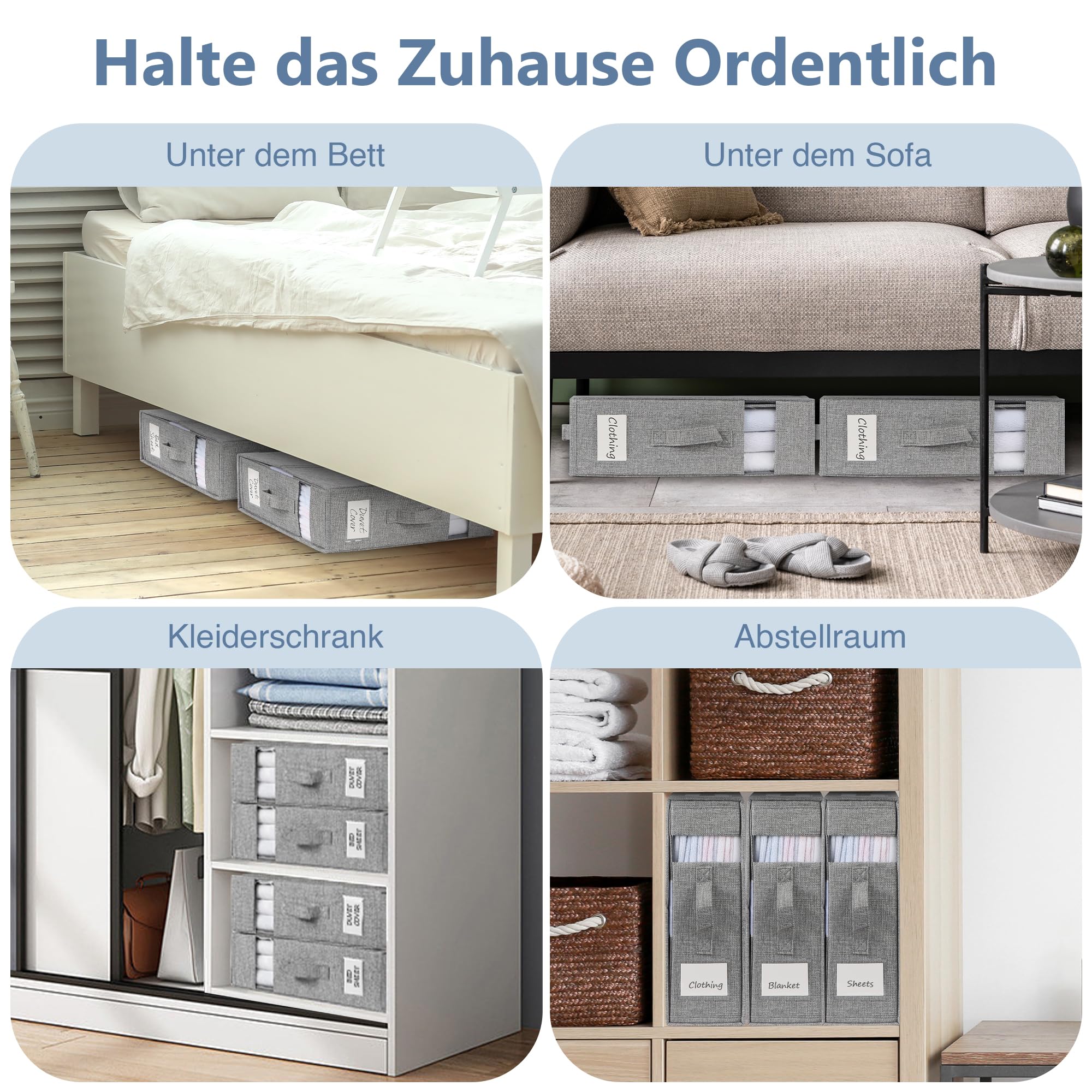 Aufbewahrungstasche für Bettlaken, 4 Stück Faltbare Bettwäsche Organizer, Praktische Lagerung von Bettwäsche und Decken für King & Queen Size Betten, Grau