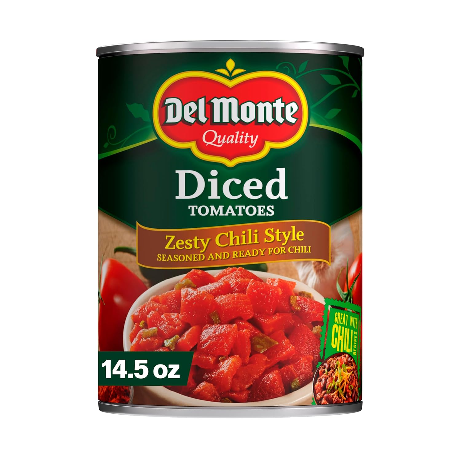 Del Monte Zesty Chili Style Diced Tomatoes, 14.5 oz Can - Vine-Ripened, No Artificial Flavors, Perfect for Chili & Queso