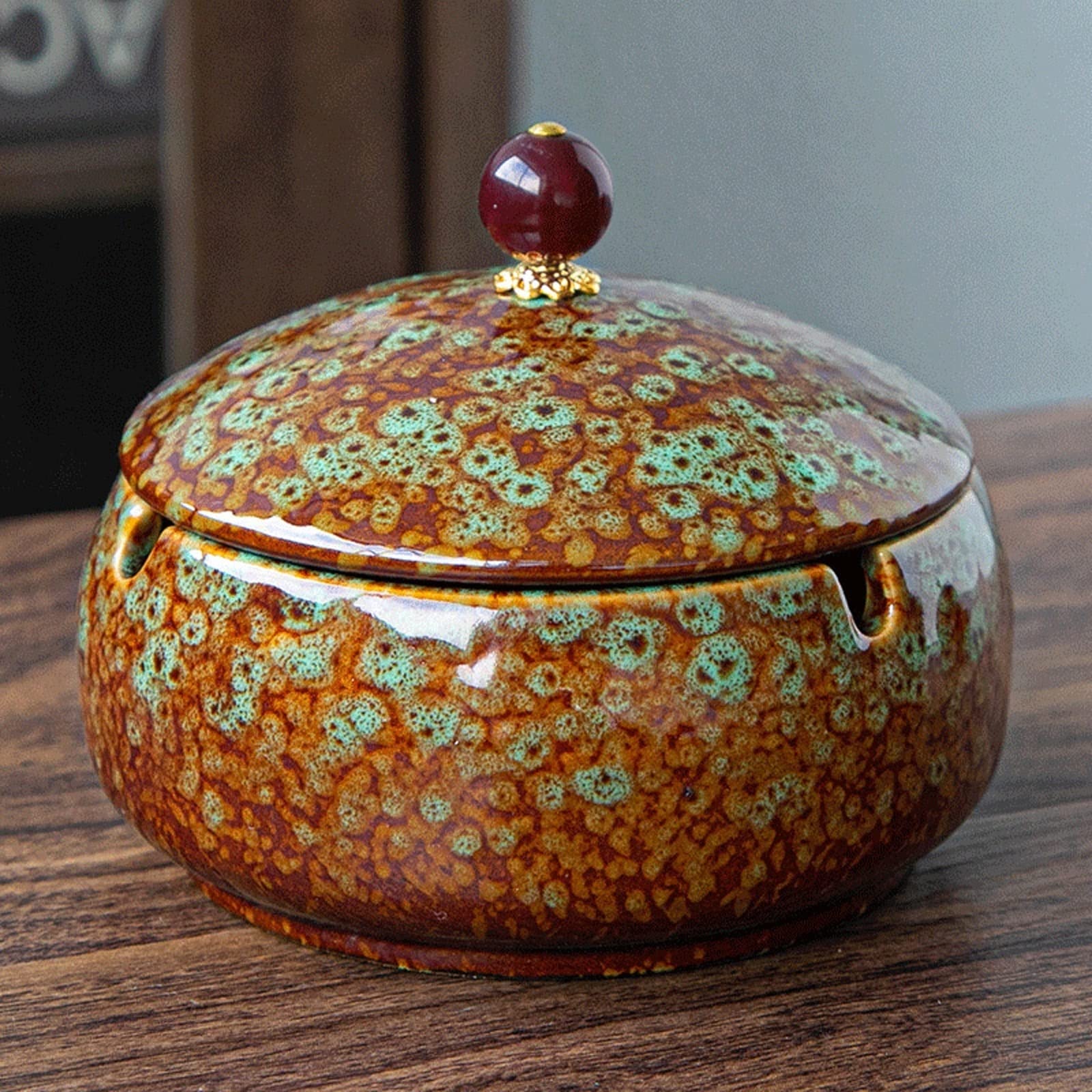 ashtray， Ash Tray Ceramic Windproof Ashtrays with Lids for Home Office,Nice Gift(Green)