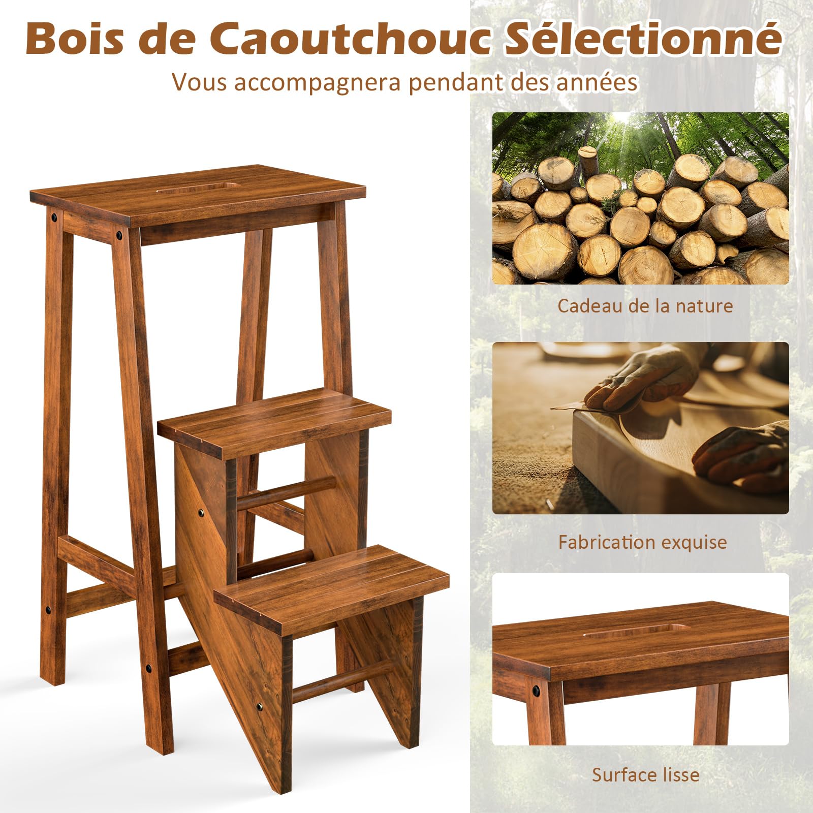 Marche Pied Bois Escabeau 2 Marches Pliable COSTWAY - Bois Sapin, 3 En 1 ( tabouret, Marchepied, Jardinière), Charge 250 Kg Tabouret Bois