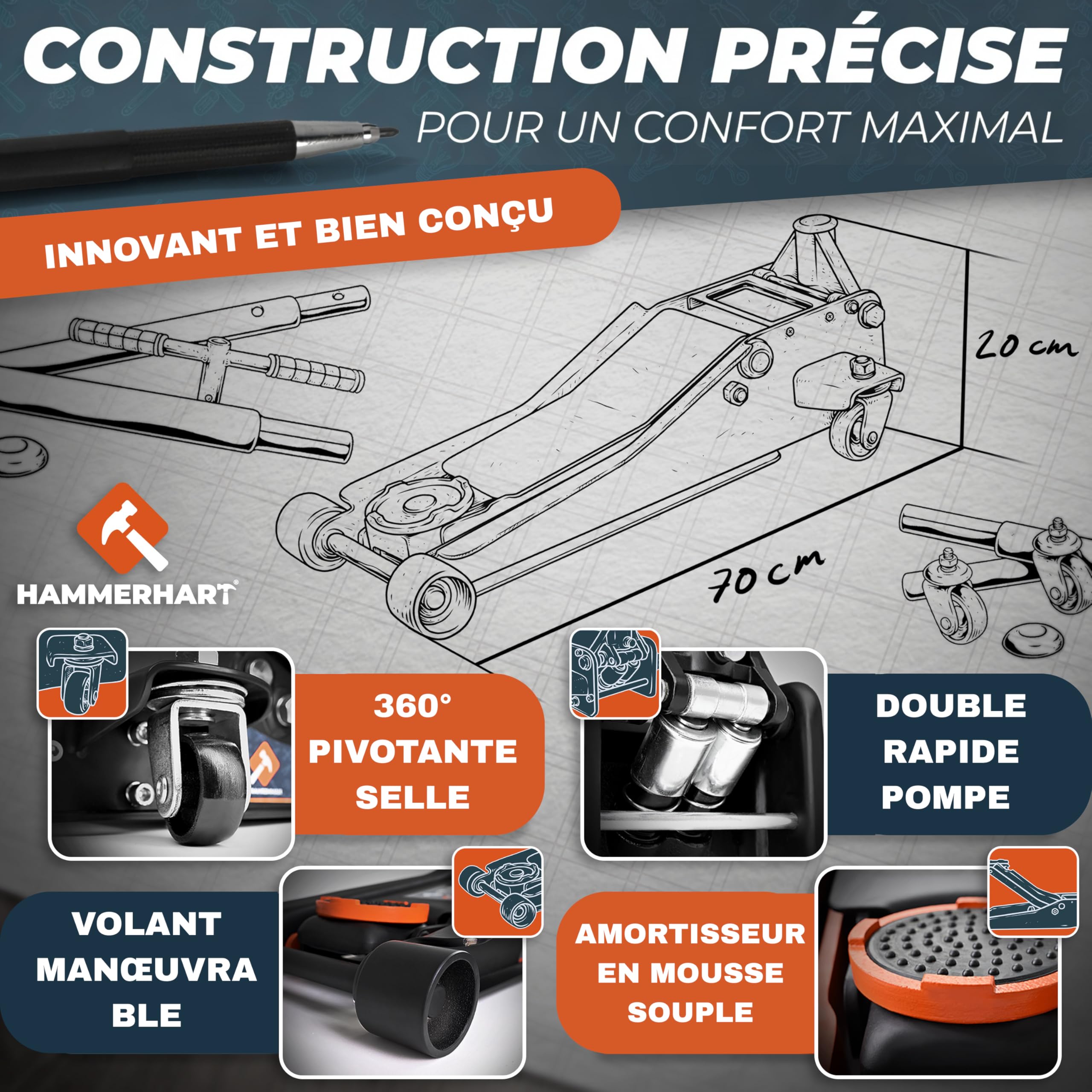 Cric hydraulique 3T | Cric certifié TÜV & GS | Cric Voiture Compact avec Une Hauteur de Levage de 75 à 500 mm [Vainqueur du Test] Cric avec revêtement en Caoutchouc, à Double Piston et T poignée