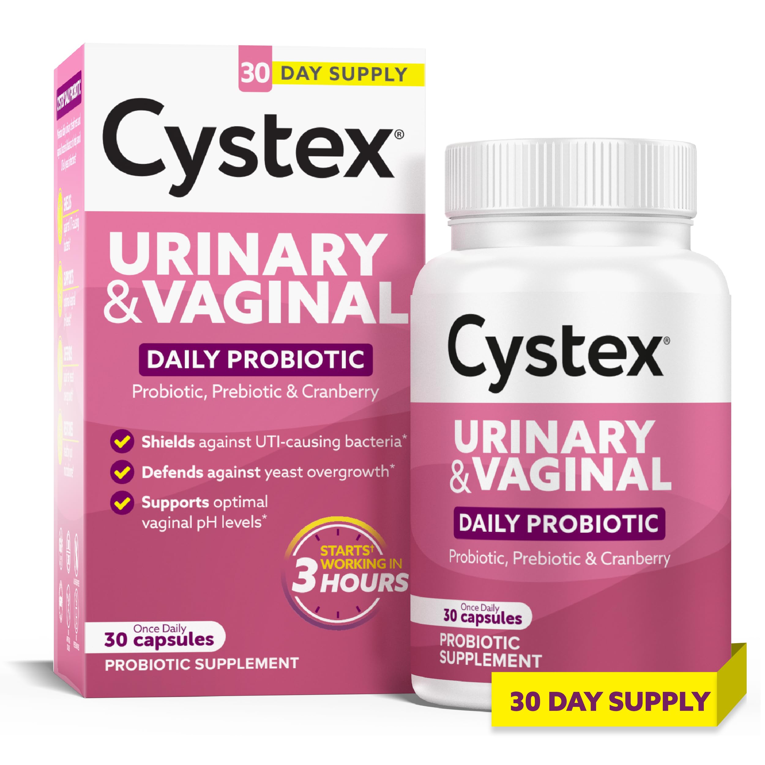 Cystex 3-in-1 女性のための尿路プロバイオティック - プレバイオティクス、プロバイオティクス、クランベリーとUTI&イースト感染症サポート - 腟pH&フローラバランスをサポート - 30カプセル