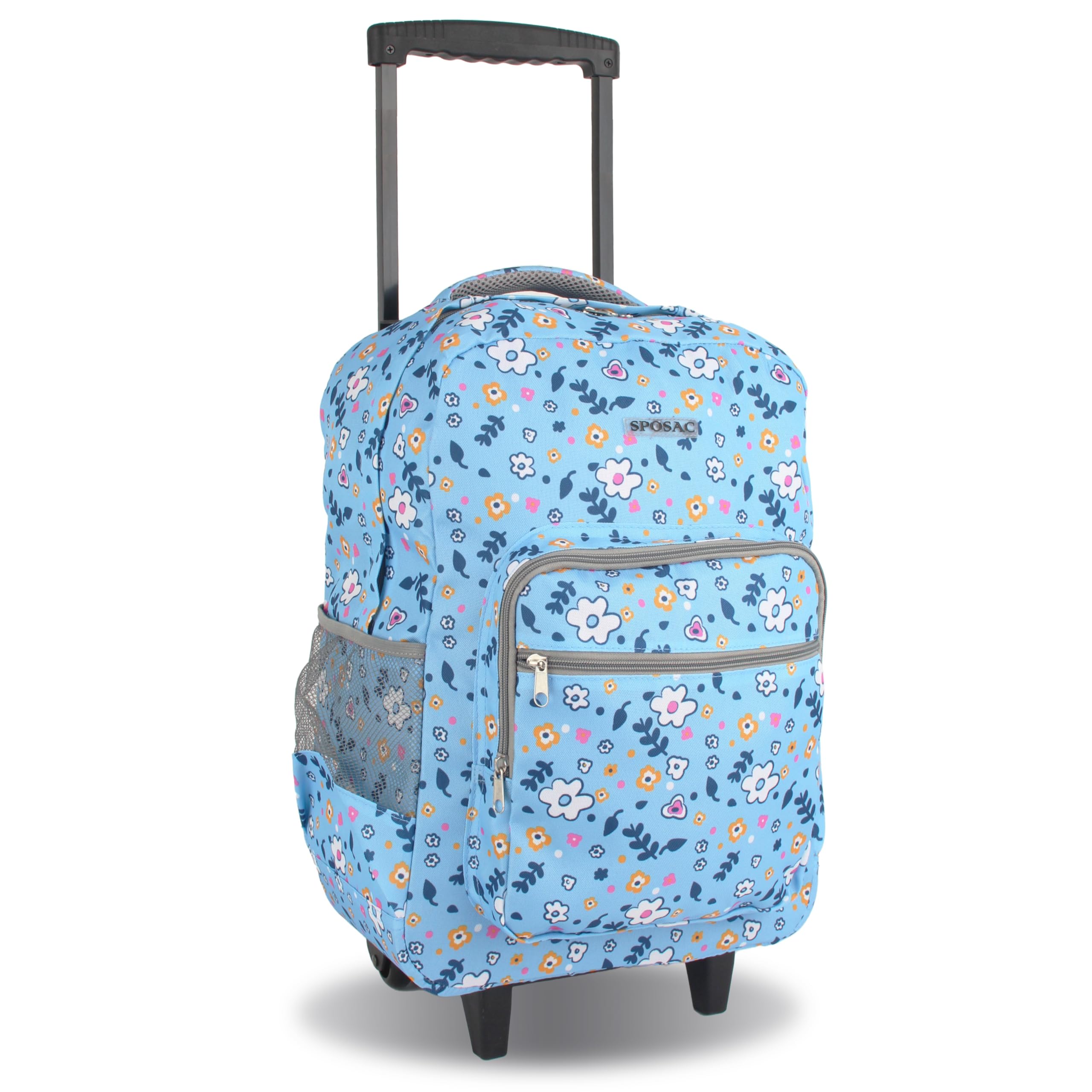 Sposac Unisex Kid's Rolling Backpack Adults. Boys Girls Luggage with Wheels. Roller Bookbag, Small Flower, 19"