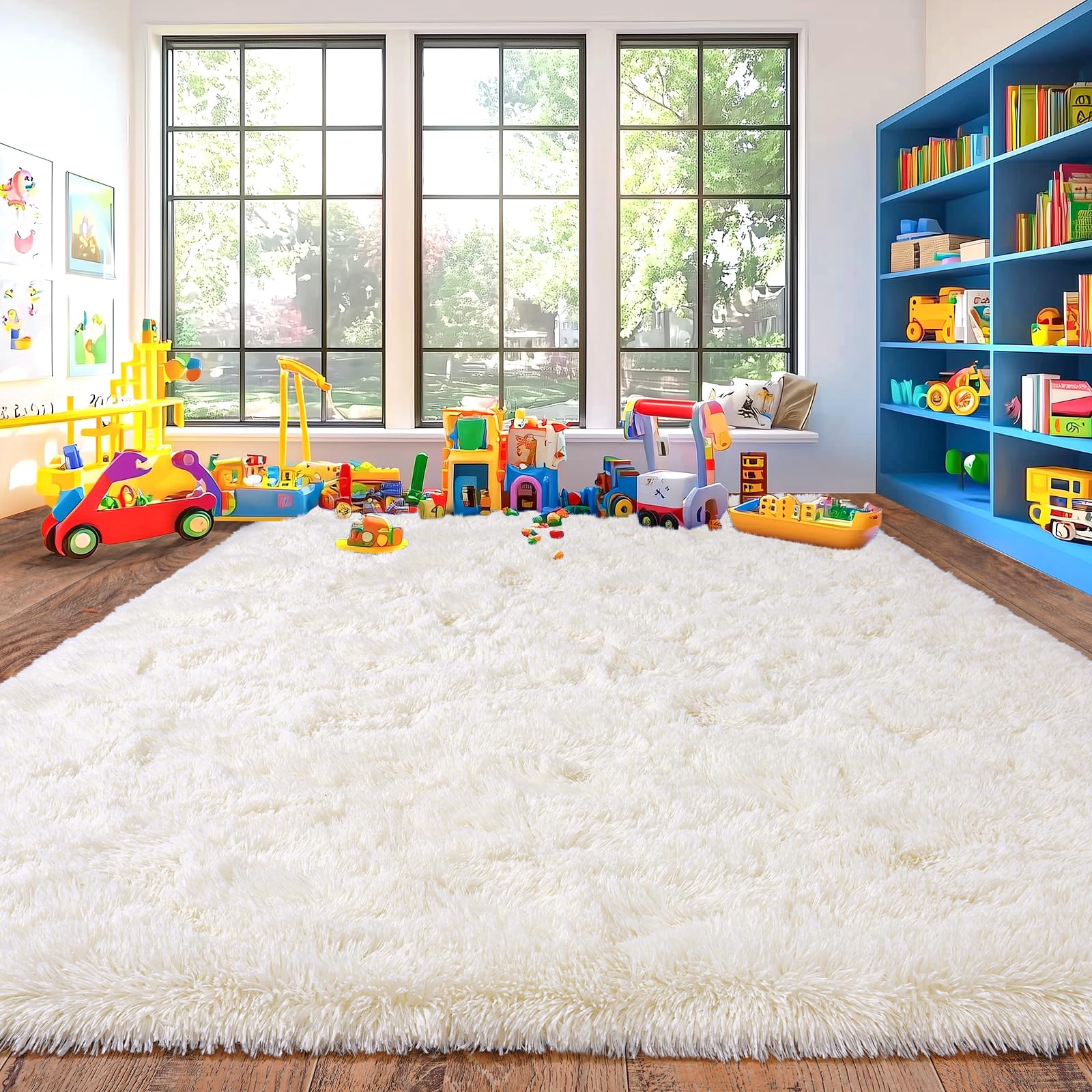 Großer Teppich Wohnzimmer 200x300 Hochflor Flauschig, Schlafzimmerteppich Langflor Creme, rutschfest Weich Shaggy Teppich für Kinderzimmer Teenager Schlafsaal