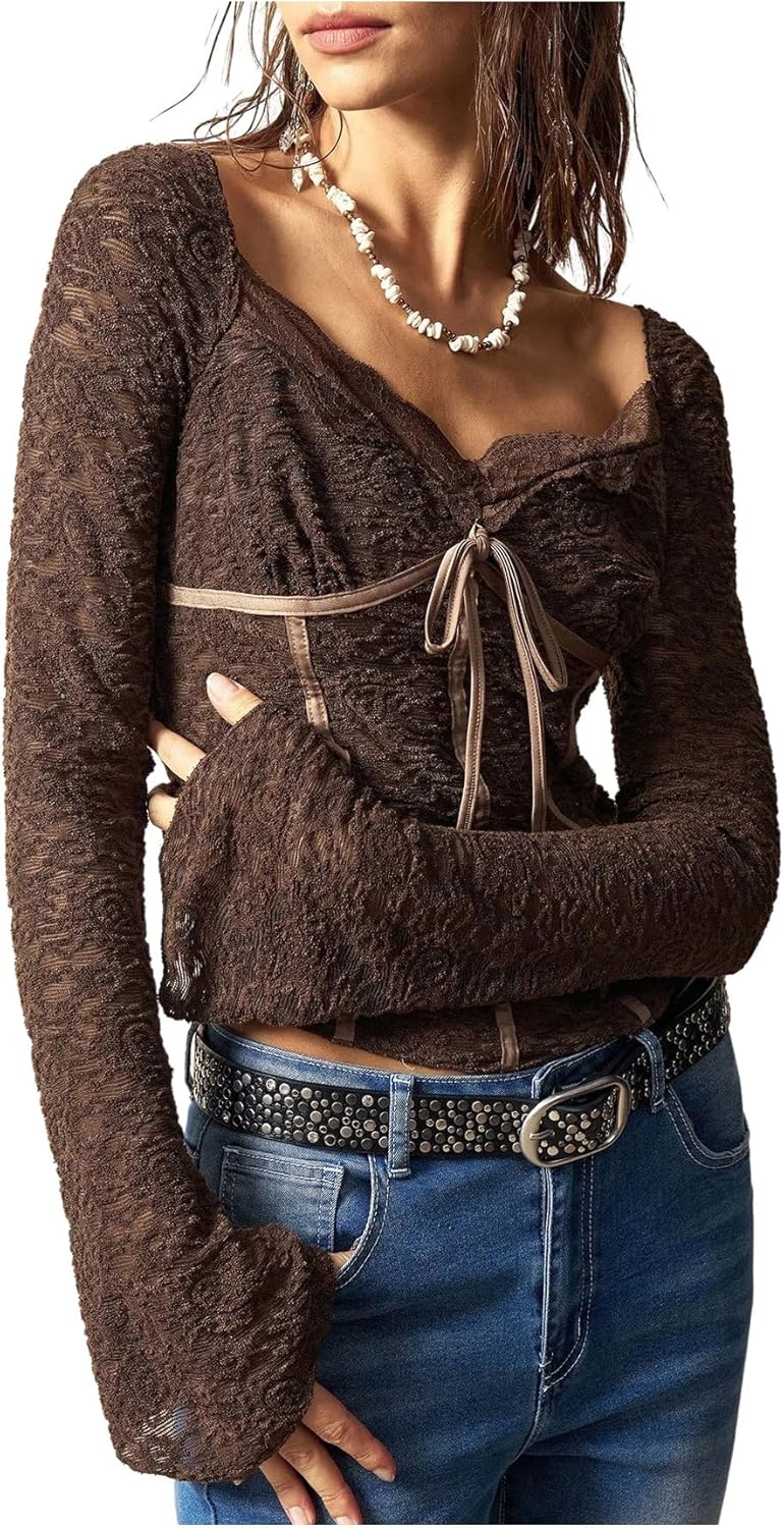 MakeMeChic Women's Floral Lace Long Sleeve T Shirt Sweetheart Neck Tie Front Retro Y2K Tee Tops