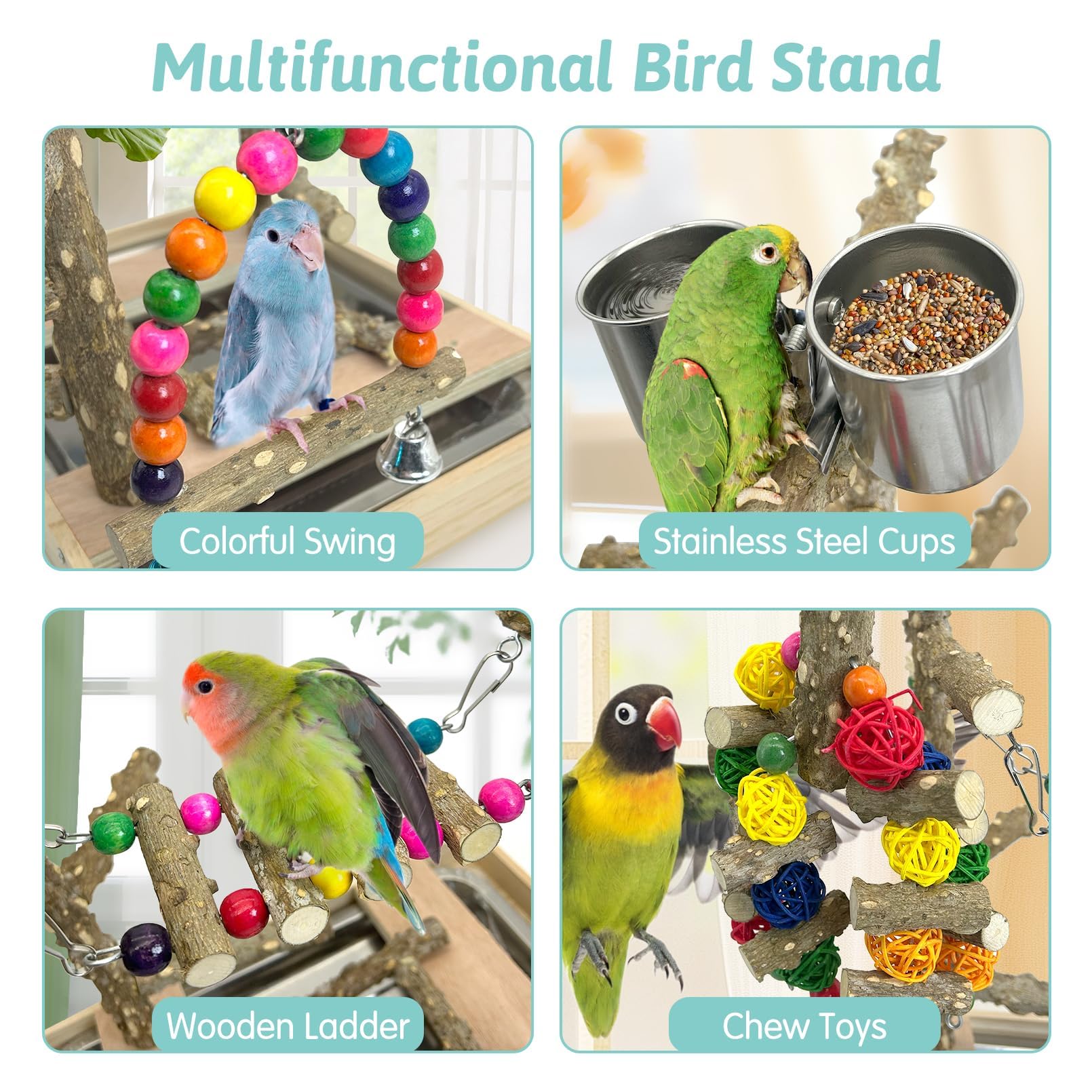 PINVNBY Bird Playground Natural Wood Parrot Perch Stand Bird Play Gym Colorful Ladder Swing Chewing Toys with Metal Tray and 2 Stainless Steel Cups Cage Accessories for Conure Cockatiel Parakeet - image 6