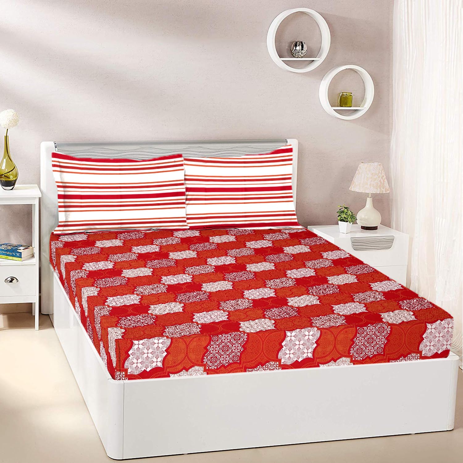 Sponsored Ad - Scarlet Serenity 144 TC 100% Cotton Double Bedsheet with 2 Pillow Covers, Red