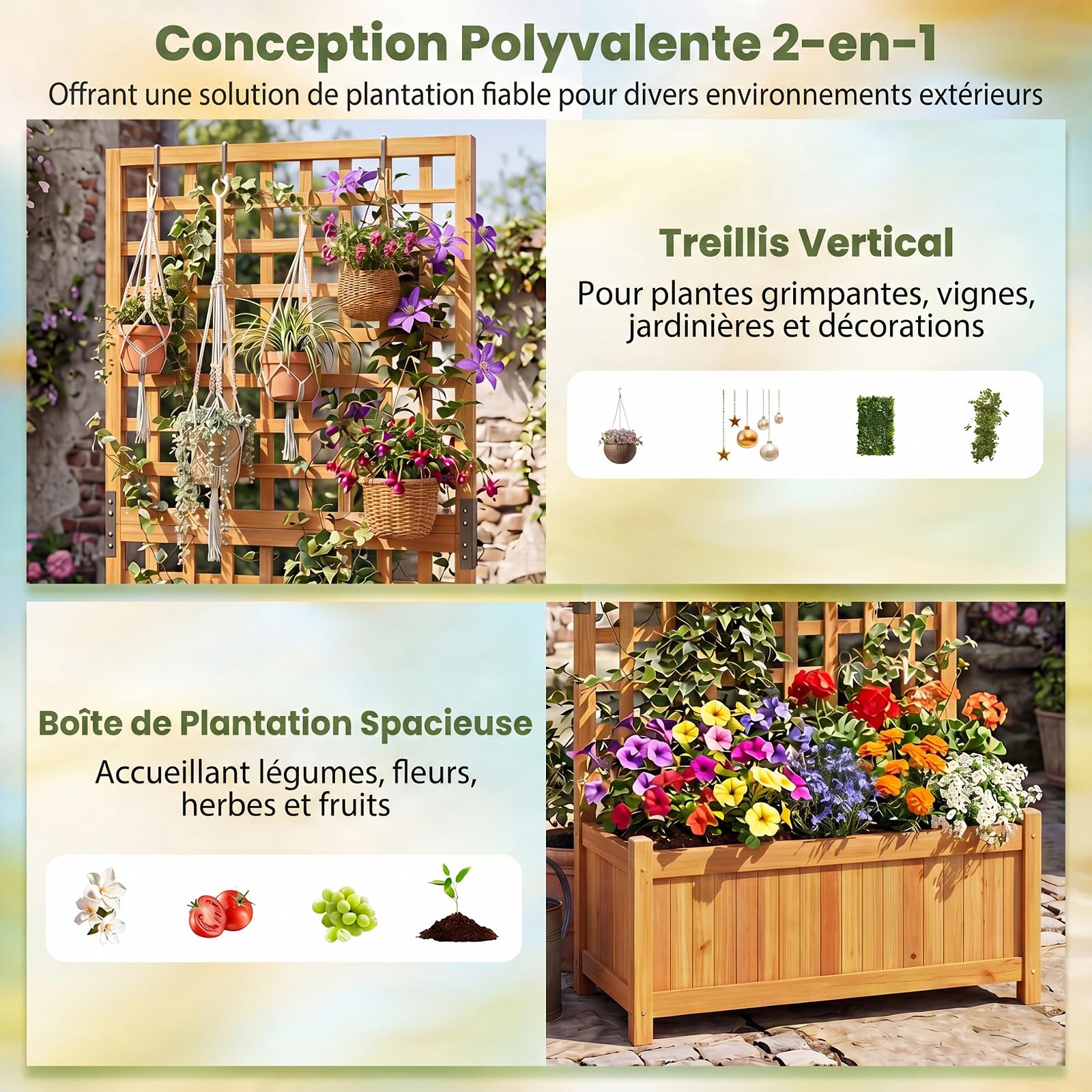COSTWAY Jardinière avec Treillis en Bois, Bac à Fleurs Surélevé avec Trous de Drainage Fond Amovible, Jardinière Brise-Vue pour Plantes Grimpantes Légumes Fruits, 76 x 32 x 143 cm (Orange)