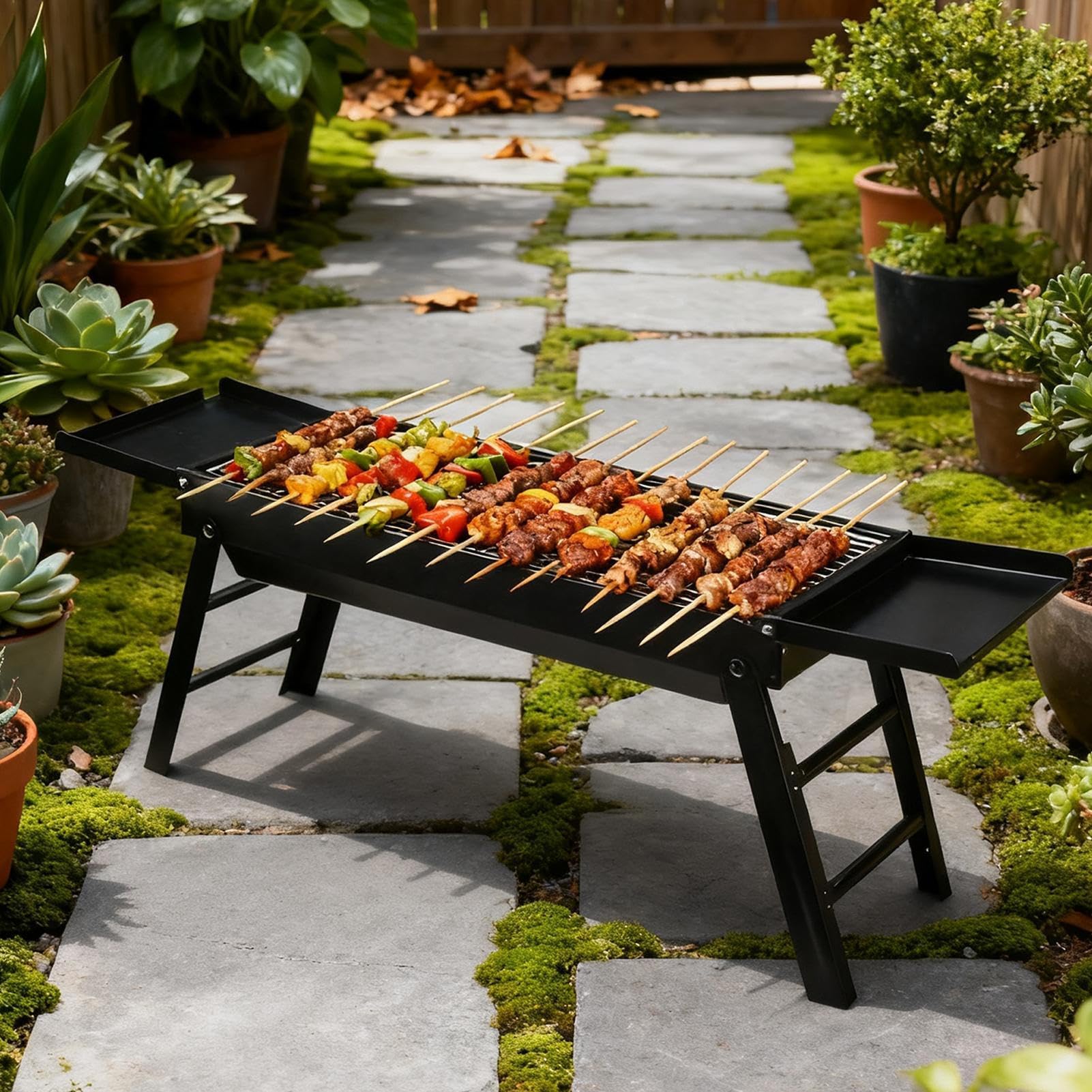 Przenośny grill na węgiel drzewny 88 x 22 x 31 cm składany sprzęt do grillowania na świeżym powietrzu na piknik kempingowy i spotkania ogrodowe, kompaktowa konstrukcja, łatwy do przenoszenia i