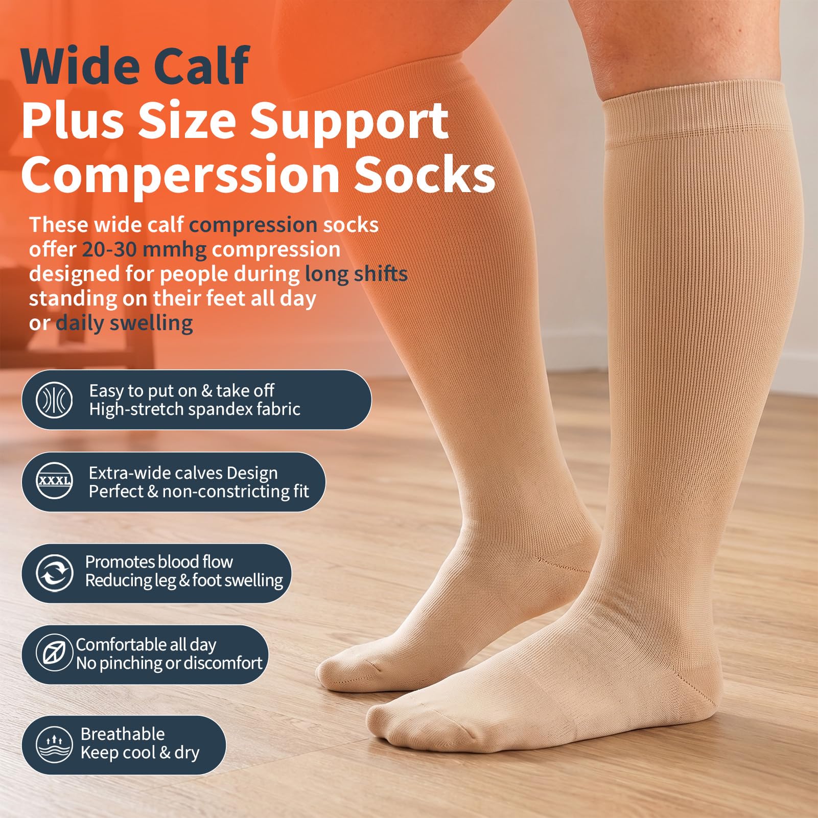 4 pares de calcetines de compresión de talla grande para mujeres y hombres, pantorrilla extra ancha de 20-30 mmHg, medias de compresión hasta la rodilla para apoyo de la circulación e hinchazón