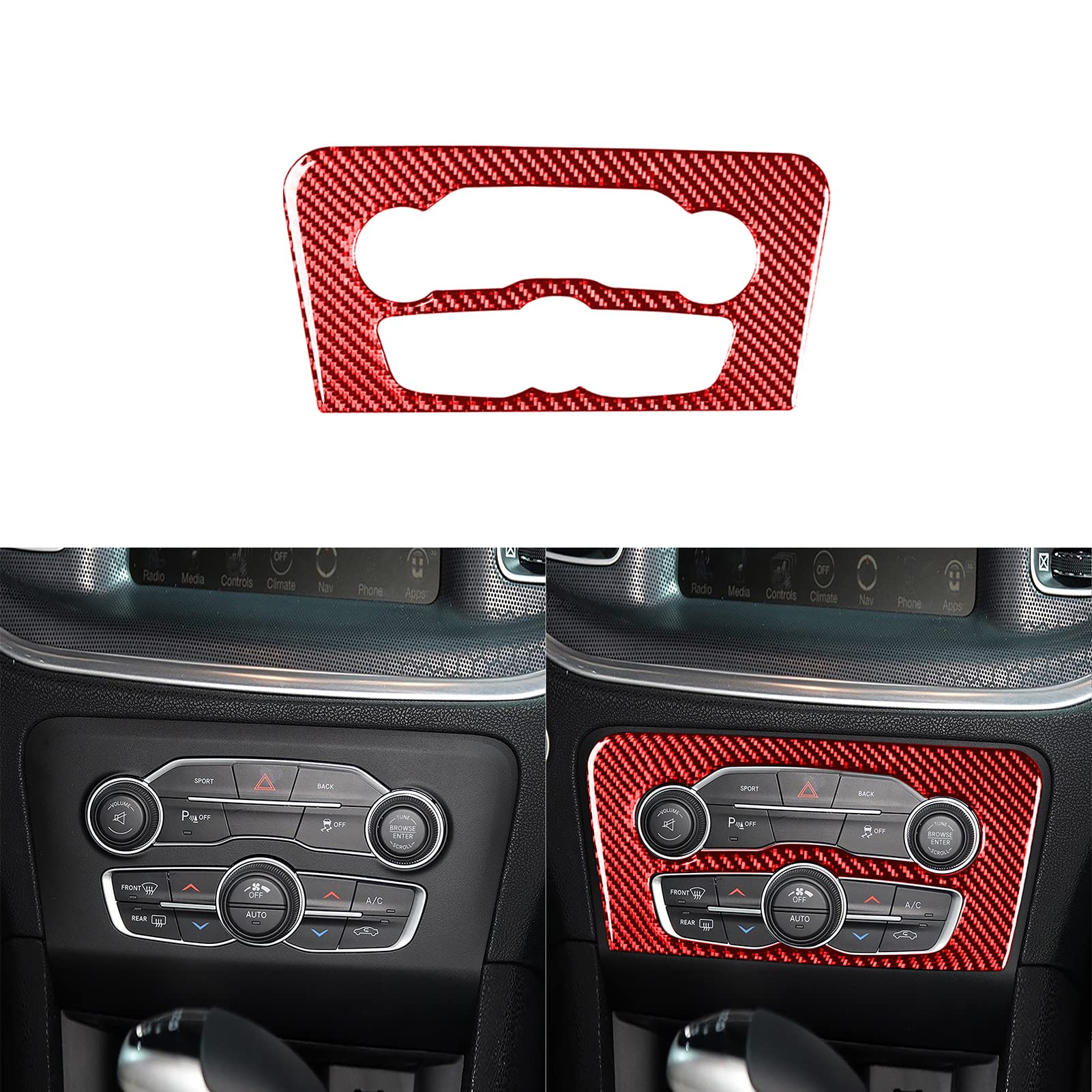 PJFUS Real Carbon Fiber Auto Interior Accessories Center Central Air Conditioner CD Player Panel Volume Control Button Switch Frame Trim Decal Sticker Compatible with Charger Deluxe 2015-up red 2pcs
