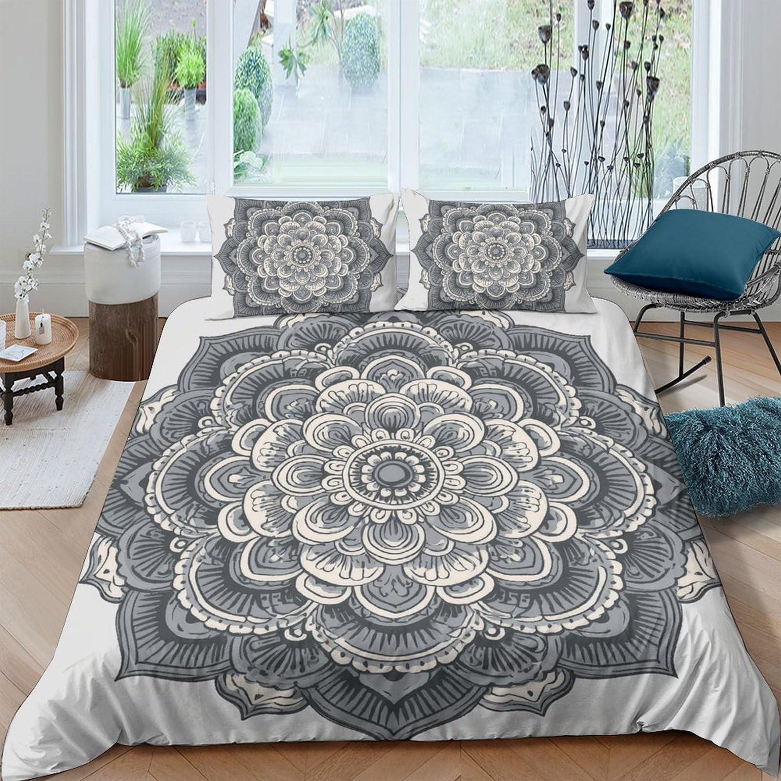 Ctjqhvkz Style-1 3D Printed Mandala Flower Fitted Sheet Microfiber Soft Grey Lotus Bed Cover For Bedroom Dorm Mattress Decor Single（135X200cm）