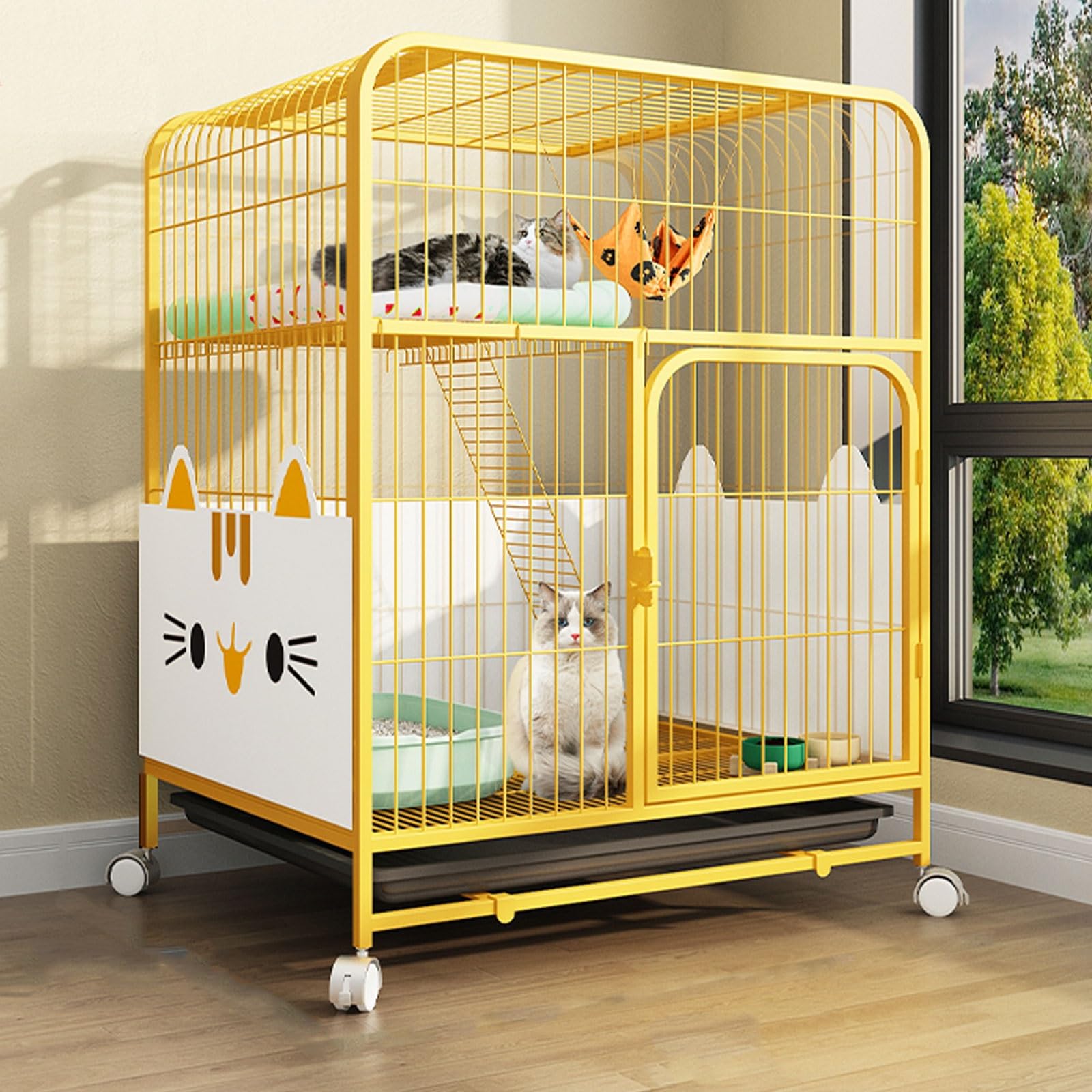 asdchZen Large Cat Crate With Wheels,Pet Playpen Metal For 1-2 Cats,Ferret,Chinchilla,Rabbit,Small Animals,Kitty,Squirrel,Rv Travel,Camping,Yellow,M,Yellow-M