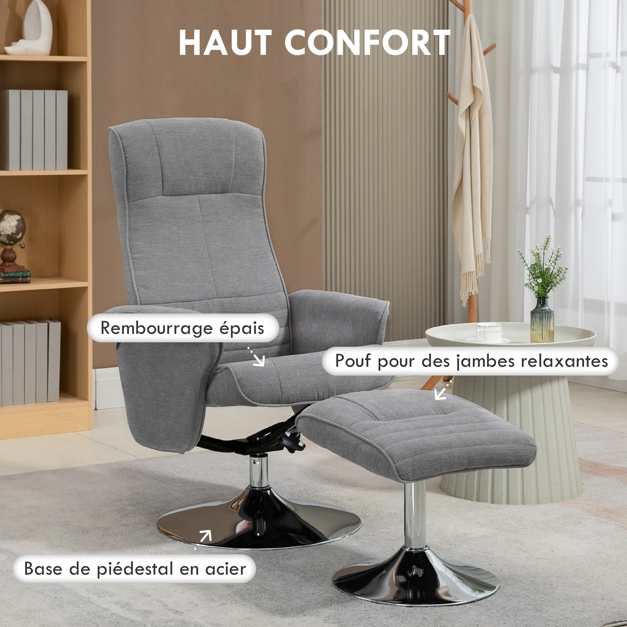 HOMCOM Fauteuil Relax, Fauteuil de Relaxation inclinable 135°, pivotant 360° avec Repose-Pieds, revêtement Tissu pour Salon, Chambre, Bureau, jusqu'à 150 kg, Gris