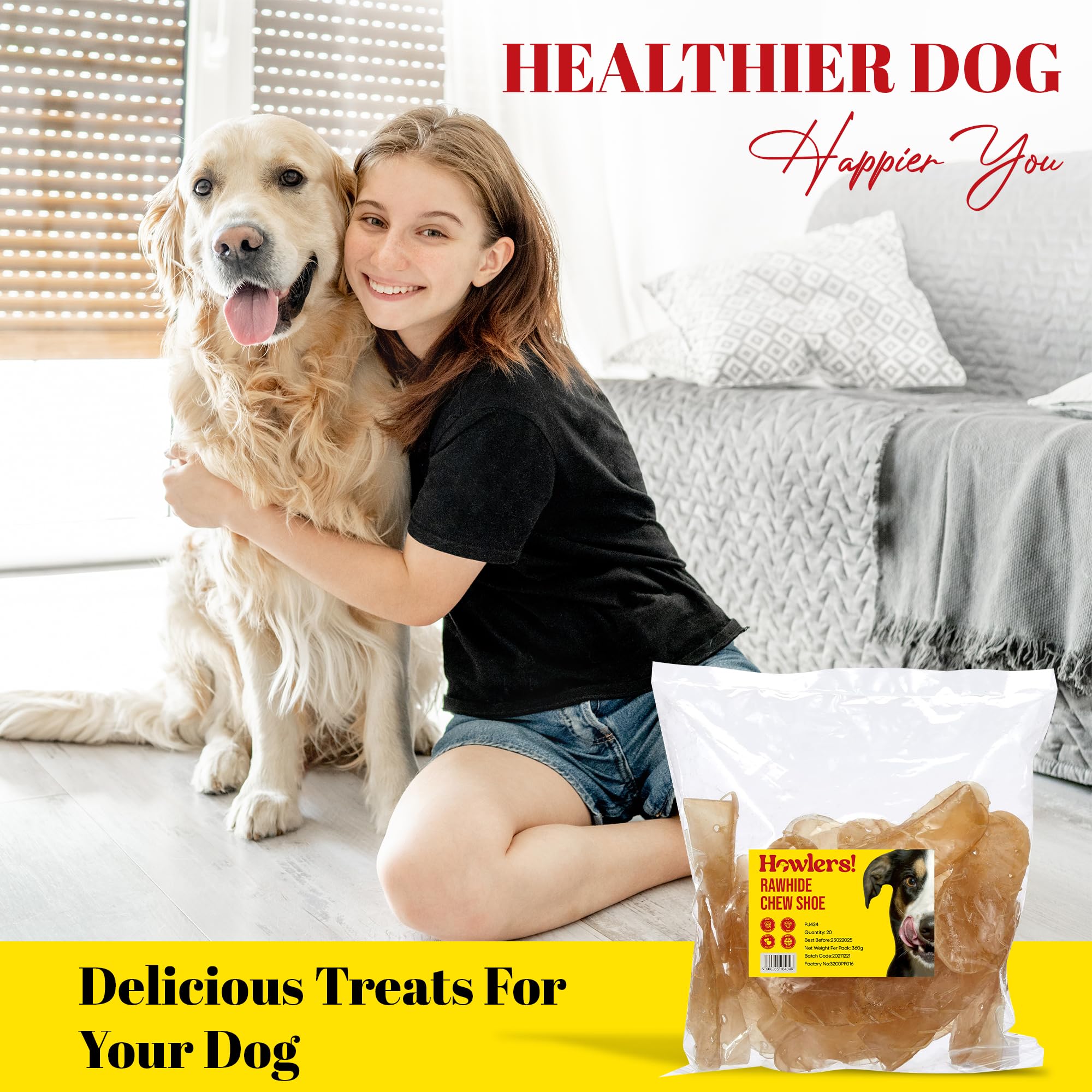 HOWLERS 12.5cm Pack de 20 Zapatos Masticables Naturales para Perros | Zapatos de Rawhide Hechos con 100% Piel Natural | Masticables de Larga Duración para Perros