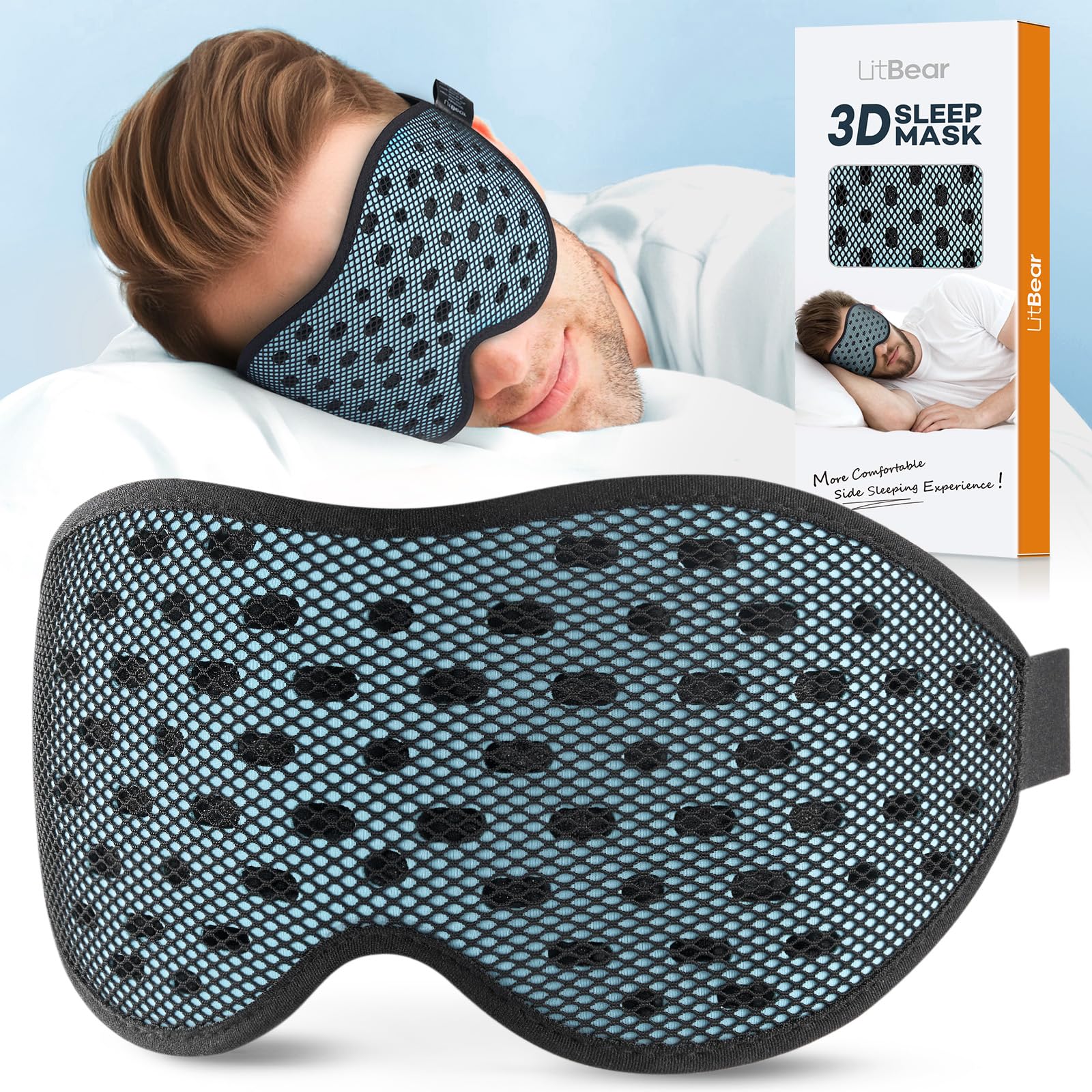 LitBear Breathable Sleep Mask, 3D Eye Mak Sleep for Side Sleepers Women Men, Light Blocking Sleeping Mask with Adjustable Strap, Soft Lightweight Eye
