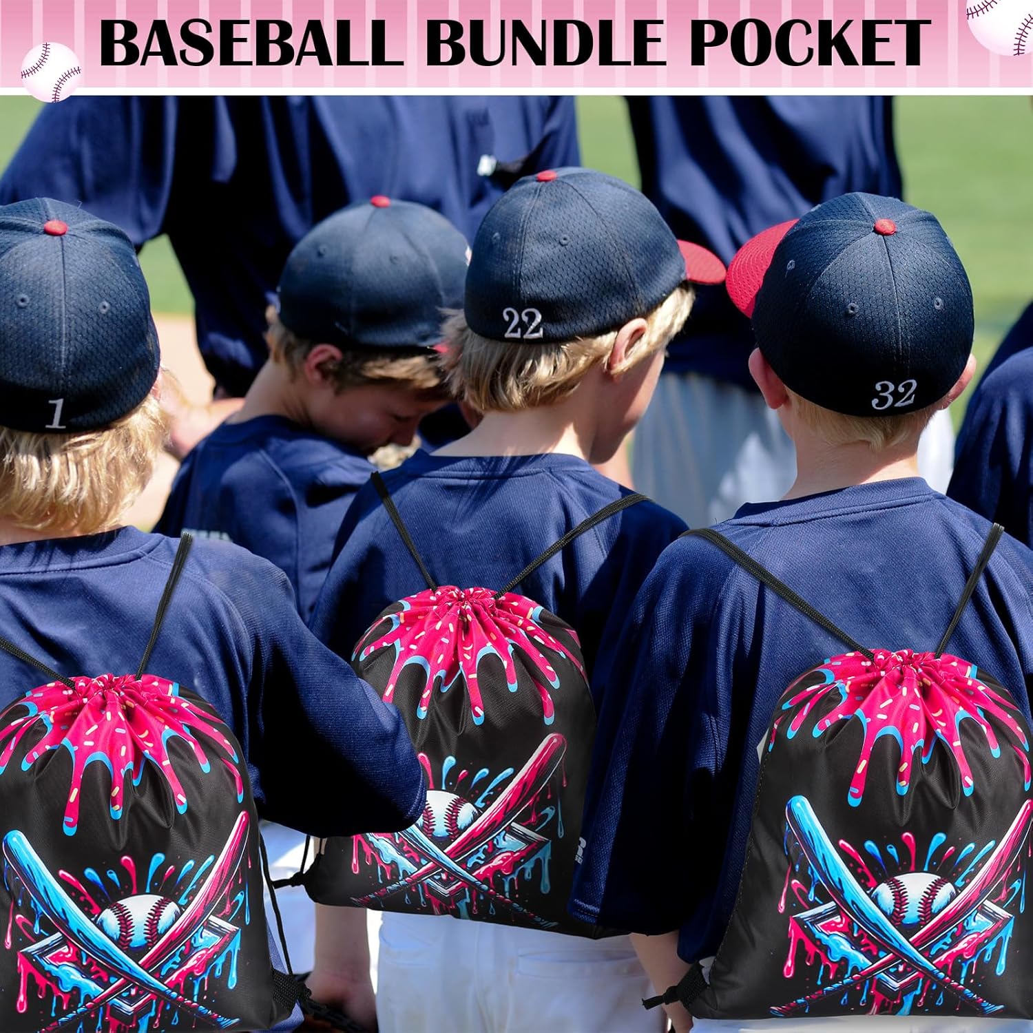Sunnymove 12 Pcs Ice Cream Drip Baseball Drawstring Bag Sport Party Goodie Favor Baseball Gifts Bag Candy Treat Sackpack Goodie Favor for Sport Teams Birthday Theme Party Supplies (Black Ice Cream) - Image 5