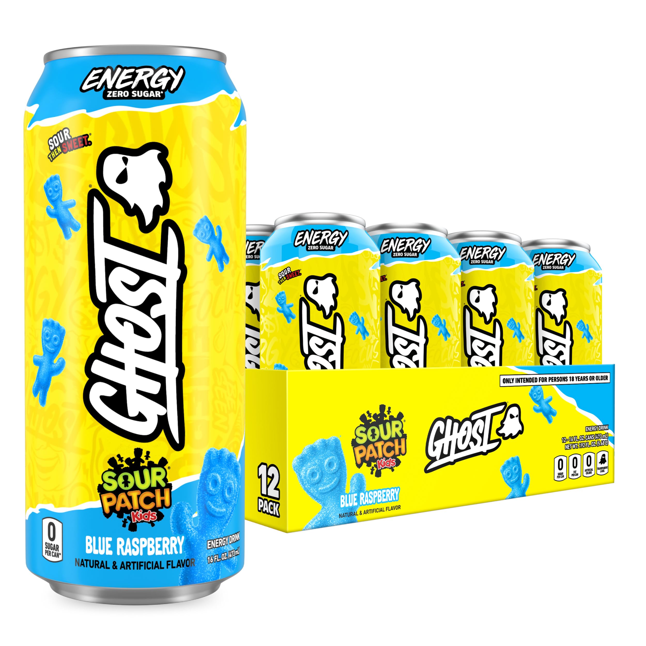 GHOST Energy Drink - 12-Pack, Sour Patch Kids Blue Raspberry, 16oz - Energy & Focus & No Artificial Colors - 200mg Natural Caffeine, L-Carnitine & Taurine - Gluten-Free & Vegan