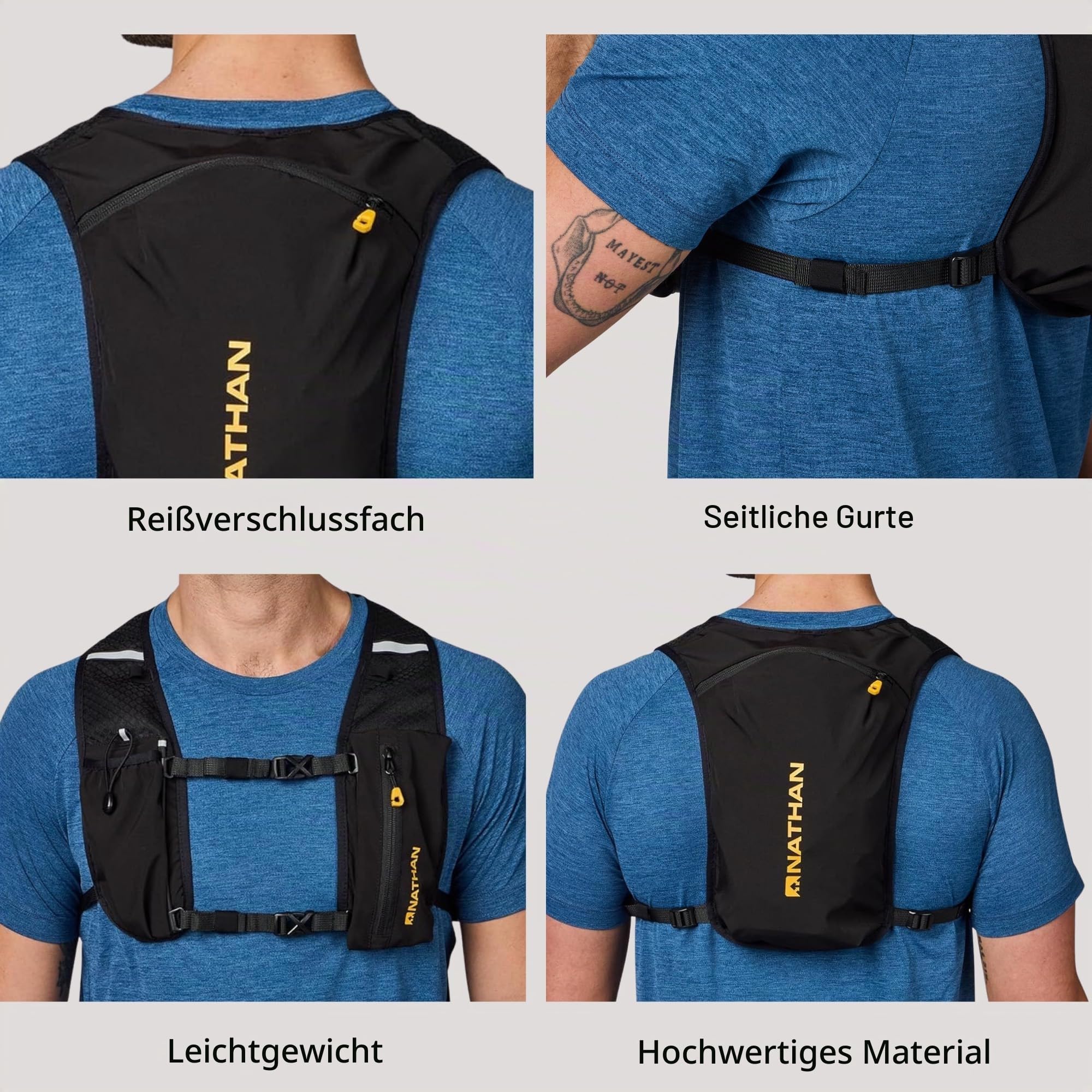 Nathan Running Hydration Vest - Leichte Laufweste für Damen & Herren - Verstellbarer Rucksack für Marathons - Reflektierender Trinkrucksack - OSFM - Schwarz