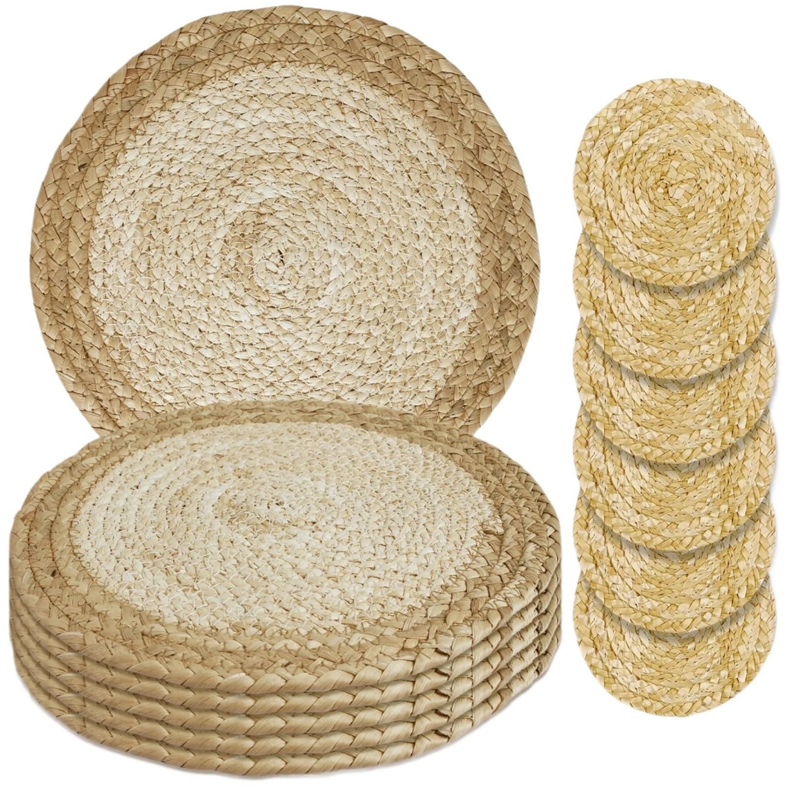 Wicker Placemat Set of 6 30cm Round Handwoven Rattan Placemats Heat Insulation Natural Wicker Woven Table Pot Mats For Dining Home Wedding Decor(6pc C with coaster)