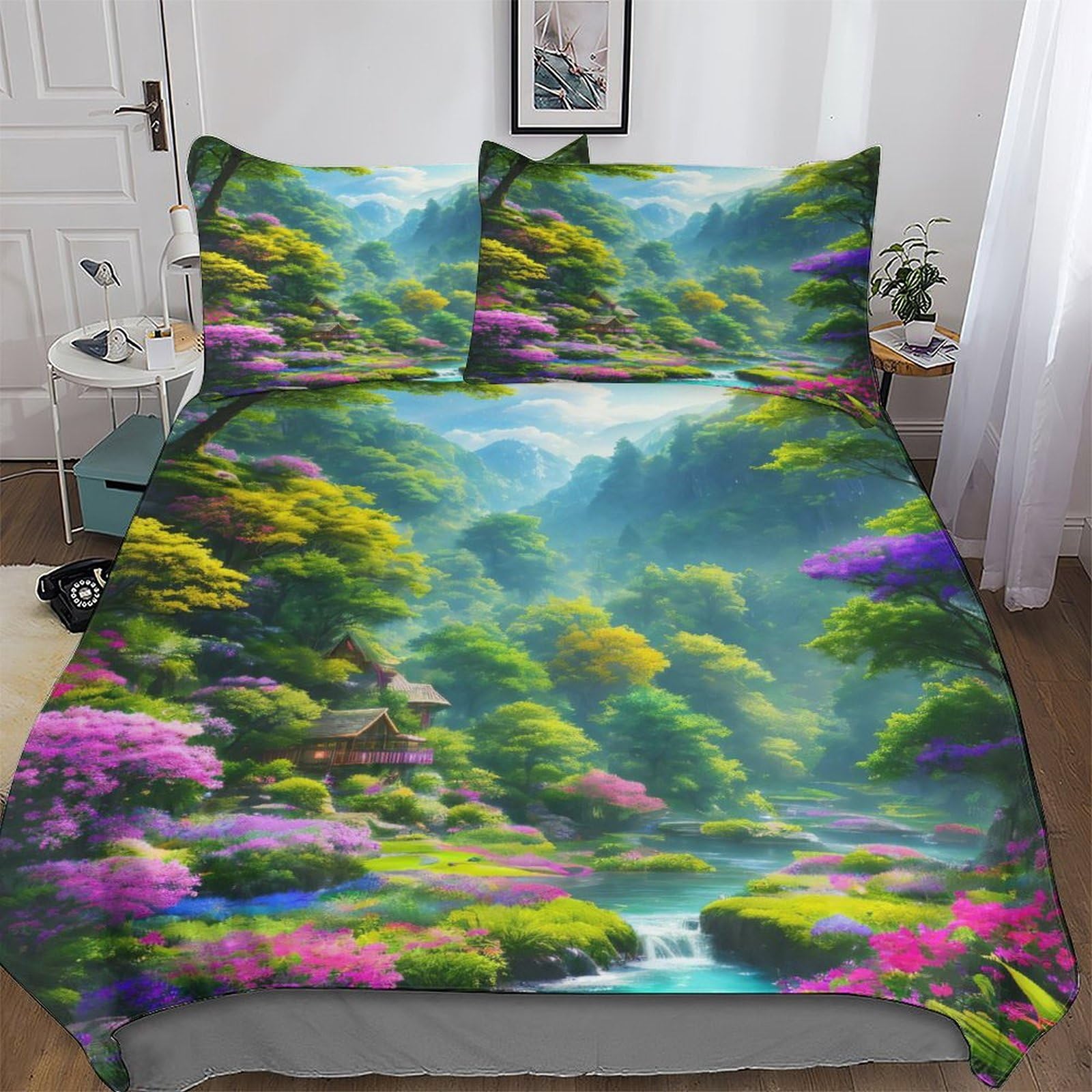 Parure de lit paysage 3 pièces housse de couette king microfobre