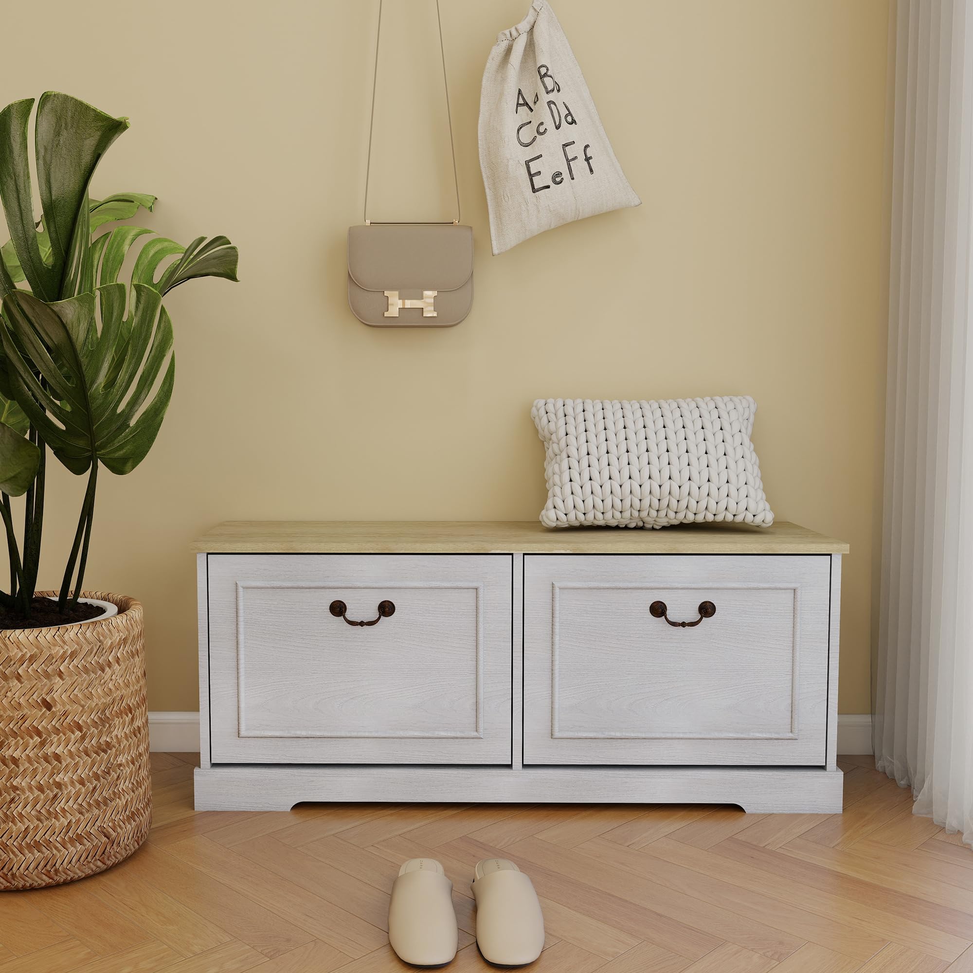 Entryway Shoe Storage Bench with Flip Drawers