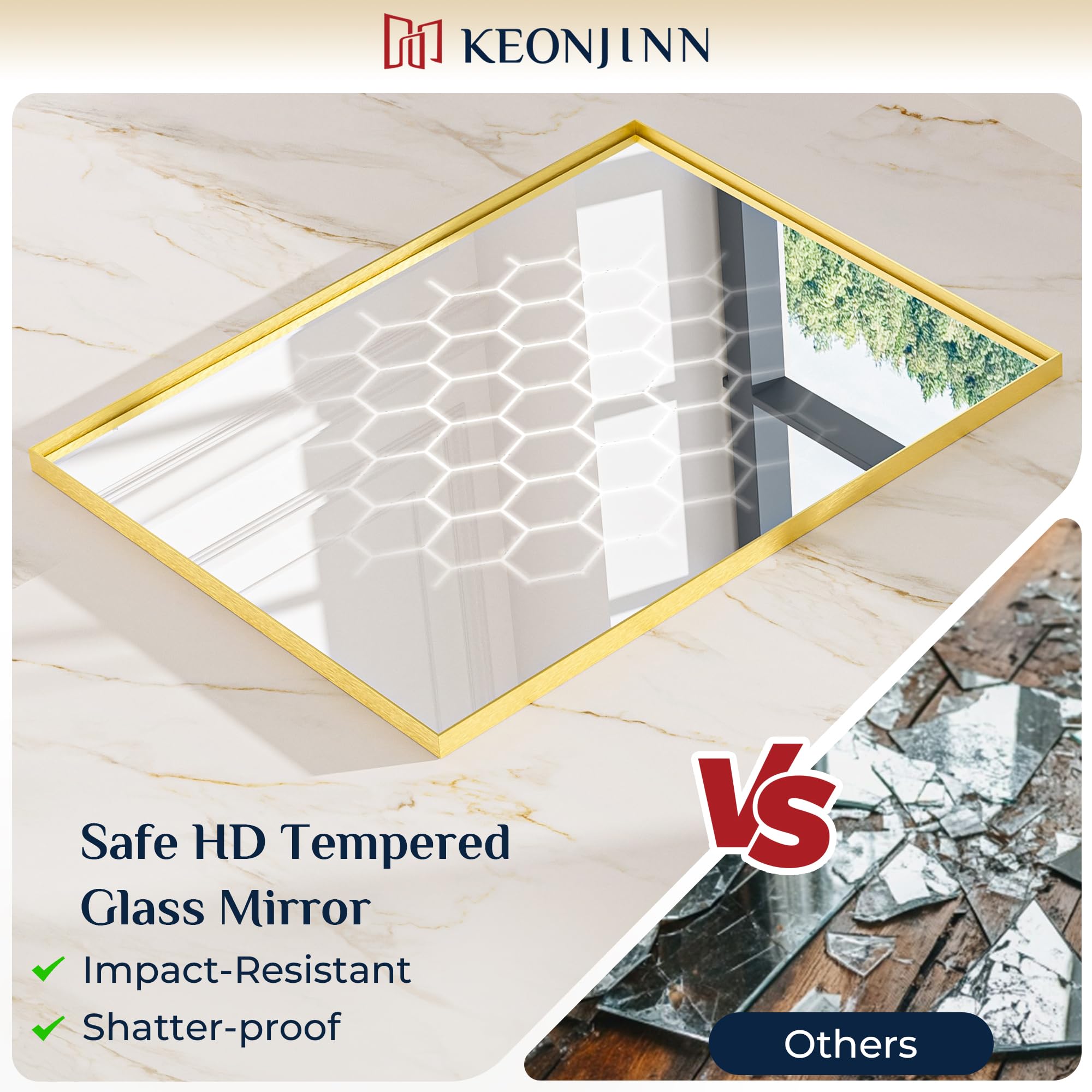 Keonjinn Brushed Gold Bathroom Mirror 60" x 30", Metal Framed Rectangular Gold Wall Mirror, Modern Farmhouse, Aluminum Alloy, Square Corner Rectangle Bathroom Vanity Mirrors(Horizontal/Vertical) - 5