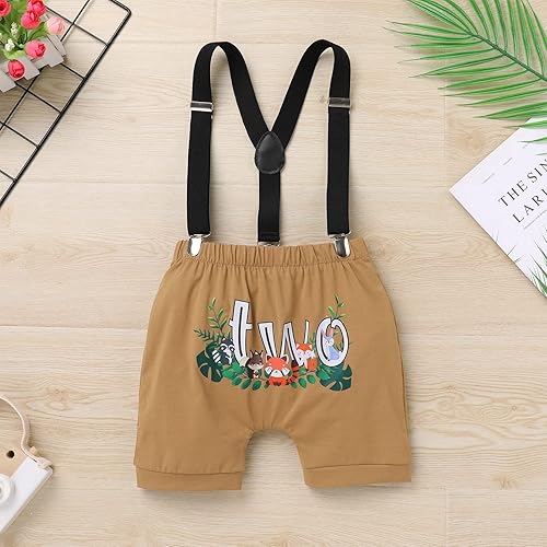 Miniatura 5 de IBTOM CASTLE Traje de 1er cumpleaños para bebé niño, mameluco de animales del bosque de la selva, bombachos y tirantes, 3 piezas, ropa para