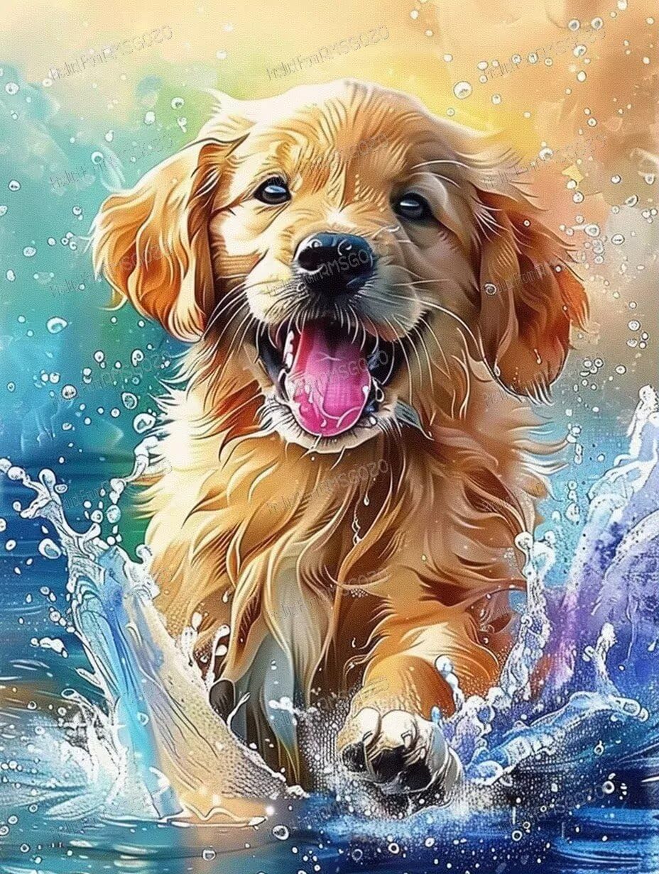 RMSGOZO DIY Running Puppy Diamond Art Kits for Adults, Exquisite Full Round Crystal Gemstone Art Cross Stitch Diamond Painting Kits for Beginners 20X20 Inch, for Room Decor Bathroom Decor