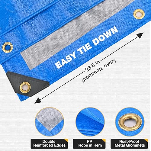 Miniatura 5 de Lona impermeable resistente de 10 x 20 pies, 14 mil, cubierta multiusos grande con ojales de latón y bordes reforzados, lonas de polietileno gruesas