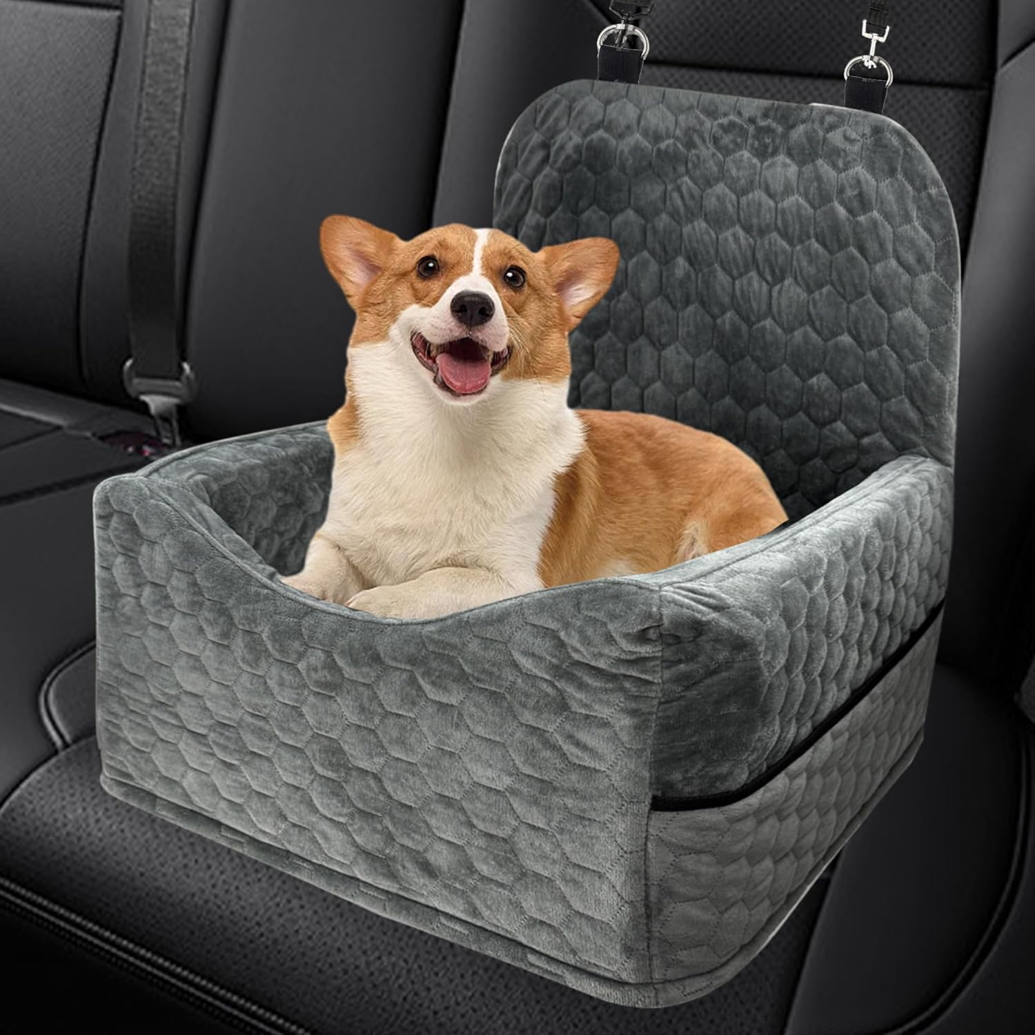 Dog Car Seat, Soft Memory Foam Filled Three-Dimensional Pet Safety Seat, Detachable, Machine Washable, Anti-Skid Base, Suitable for Small and Medium-Sized Dog Car Travel Warm Nest, 2 Safety (Gray)
