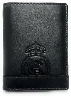 Cartera Oficial del Real Madrid - Piel 100% Legítima con Protección RFID, Diseño Exclusivo con Escudo del Club. Regalo para Hombre. (Vertical con Monedero Negro)