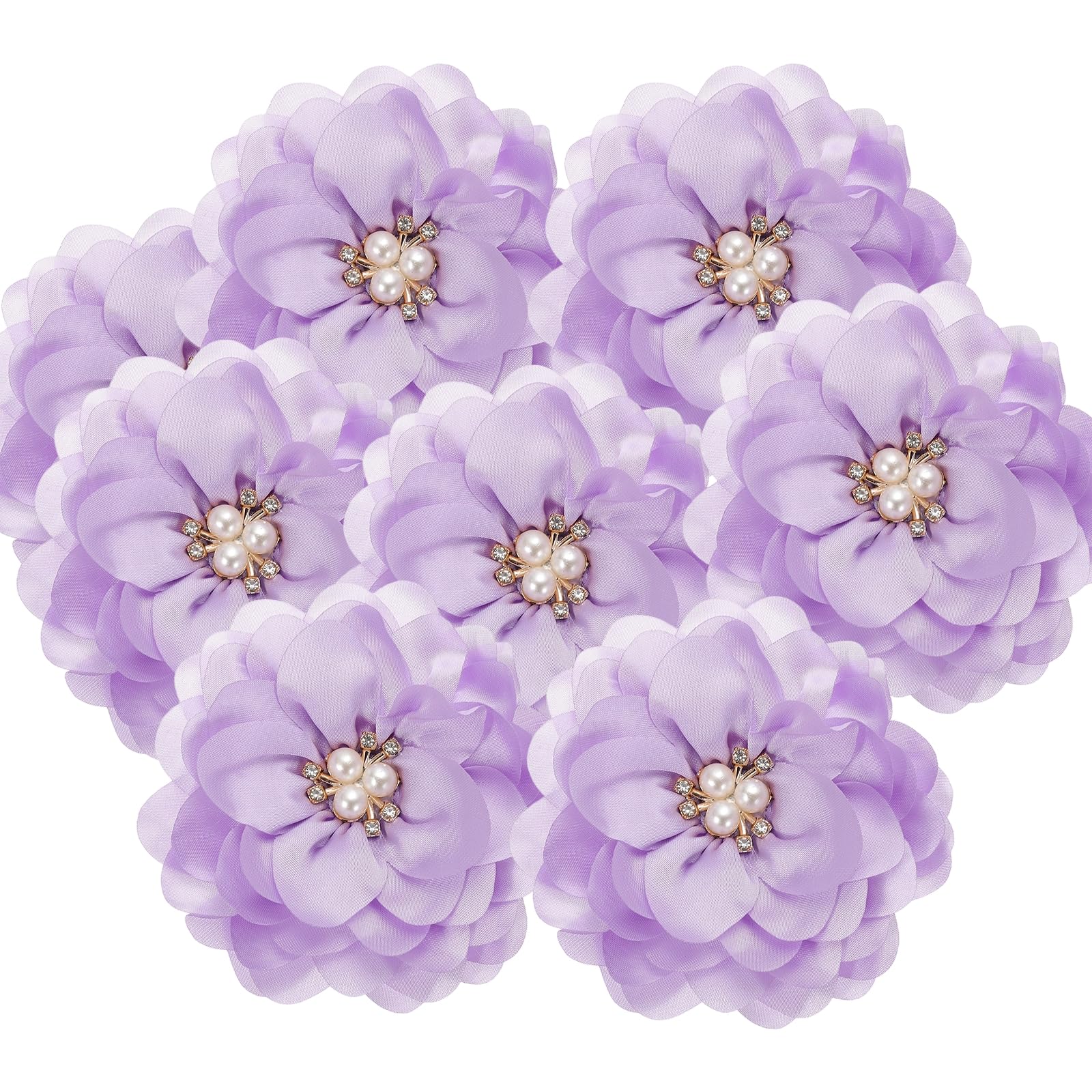PATIKIL 3.15 Inch Chiffon Flowers, 5 Pcs Fabric Flowers Rhinestone Pearl Large Camellia Sewing Appliques for DIY Crafts Dresses Clothing Headbands Wedding Party Decoration, Light Purple