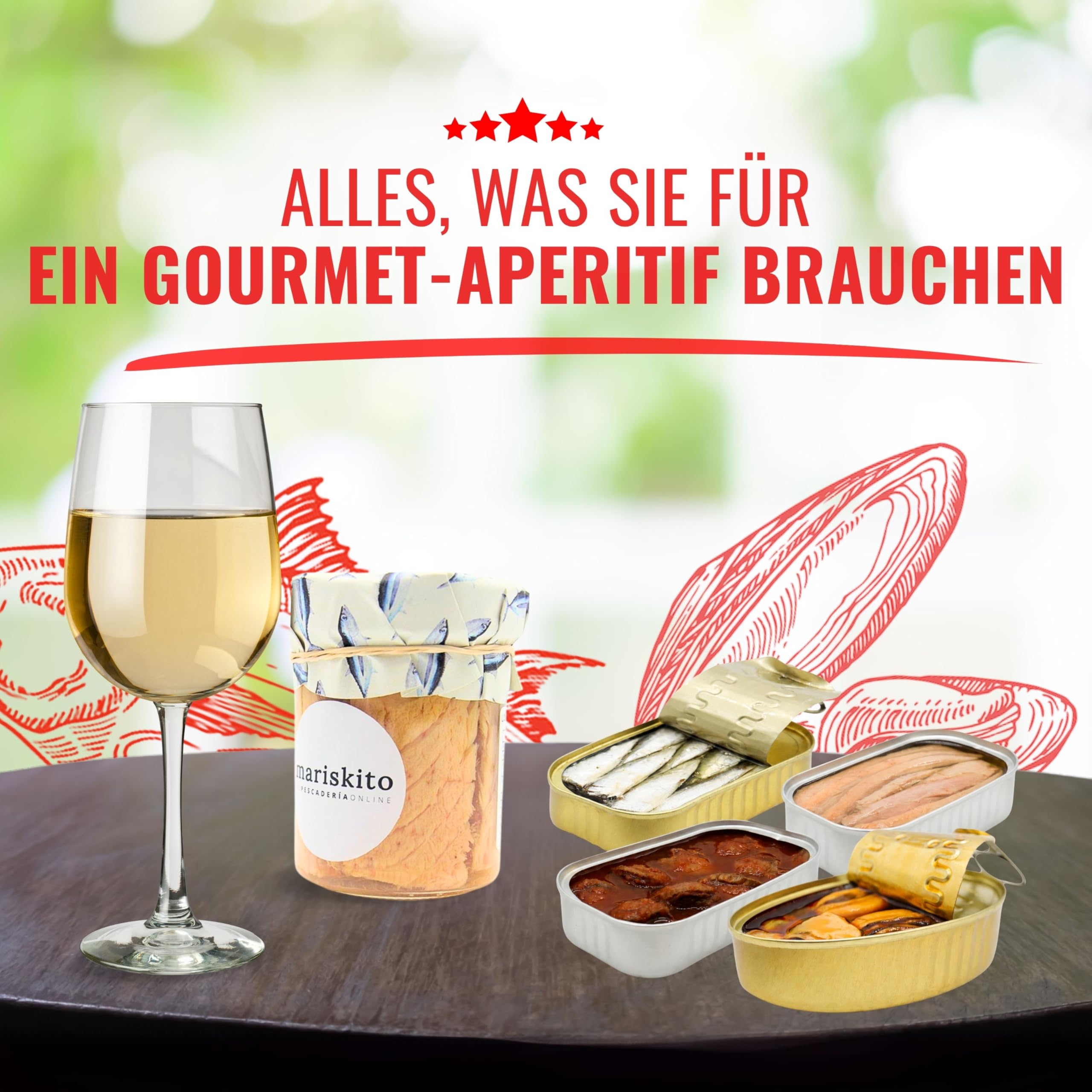 MARISKITO | Gourmet-Geschenkbox – Godello-Wein + 5 galicische Konserven – Delikatessen-Paket: Miesmuscheln, Sardinen, Bunte Kammuschel, Thon,Thunfisch-Bauchfilet – Weihnachtsset, Firmen, Feiergeschenk