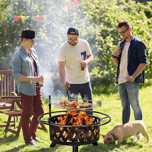 Miniatura 7 de UDPATIO Fogata para exterior de 30 pulgadas con cubierta y tapete para quemar leña al aire libre, cuenco grande de acero con parrilla giratoria