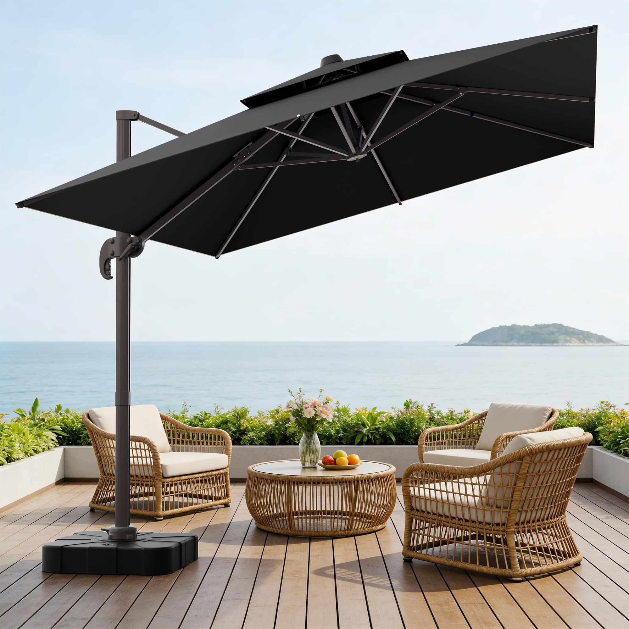 UMBFUN Sonnenschirm 300 x 400 cm mit Fußpedal und Kreuzsockel,Groß Ampelschirm,Kurbel Doppeldach Gartenschirm mit 360° Drehbar für Terrasse,Pool,Outdoor,Balkon Sonnenschutz