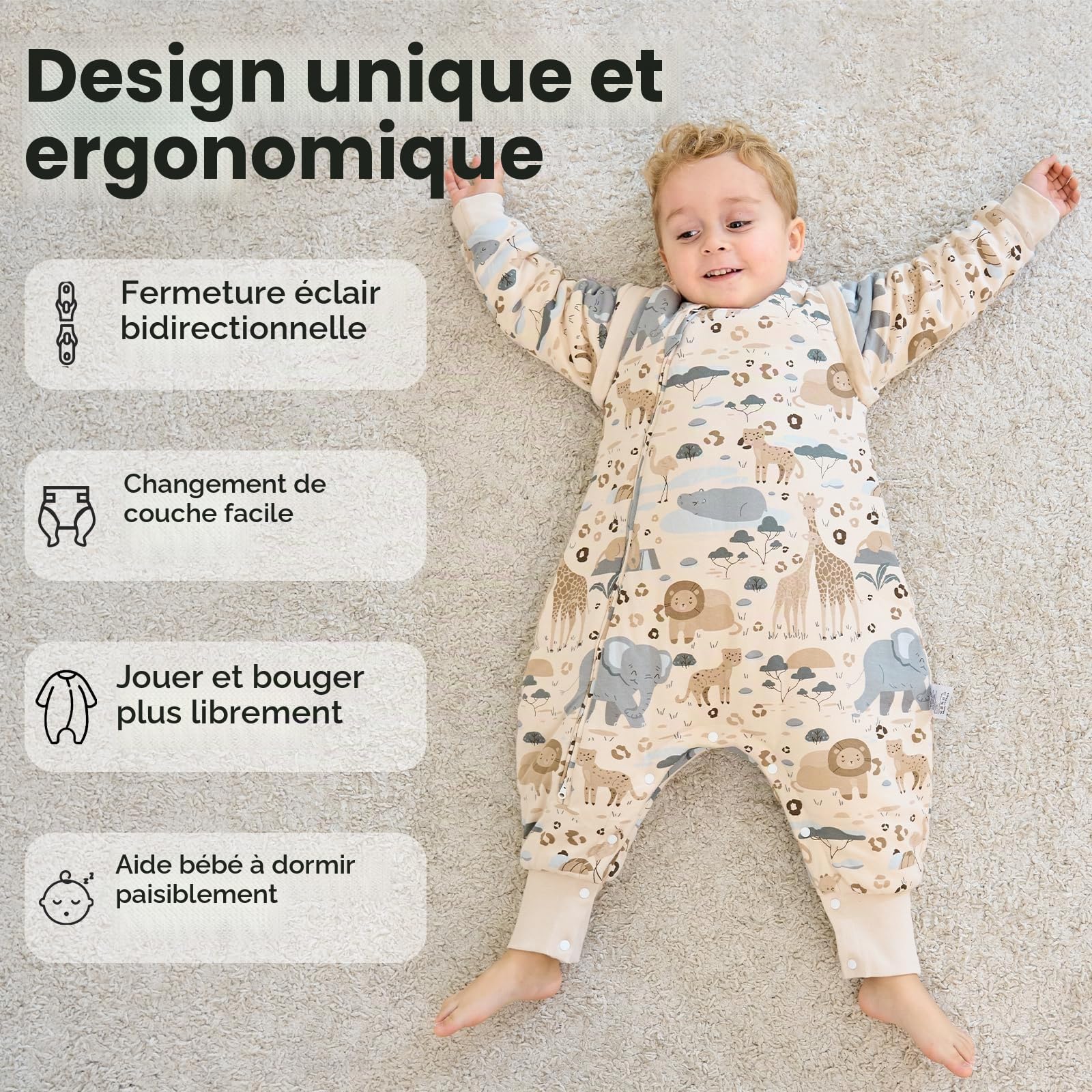 Unnivoll Gigoteuse Hiver 3-4 Ans, Gigoteuse à Pieds et Manches Amovibles, Tog 2.5 Turbulette Hiver pour Bébé, Tissu 100% Coton Super Doux et Chaud Fille Garçon 90cm Beige Zèbre