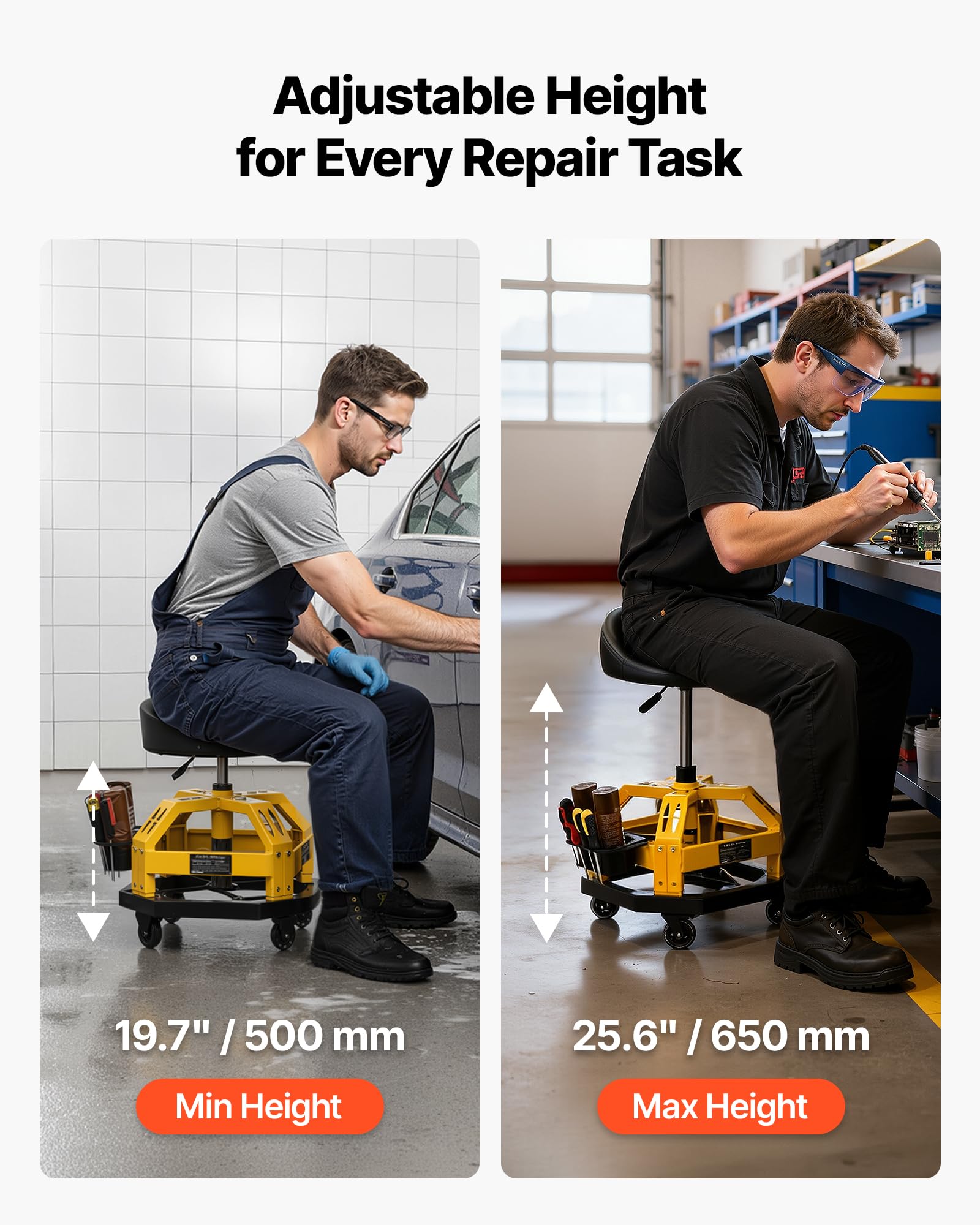 VEVOR Taburete de Taller con Ruedas Capacidad de 150 kg, Taburete Mecánico Altura Ajustable de 50-65 cm, Asiento de Mecánica Giratorio de 360°, con Respaldo, Bandeja para Herramientas, para Garaje
