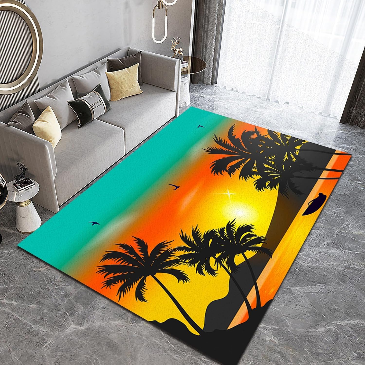 Palm Trees Sunset Area Rug, Mountains and Rivers Outdoor Carpet, Rug with Non-Slip Backing Easy Can Be Washed for Living Room Bedroom Kitchen Dining Room Home Office Floor Rug 2ftx3ft
