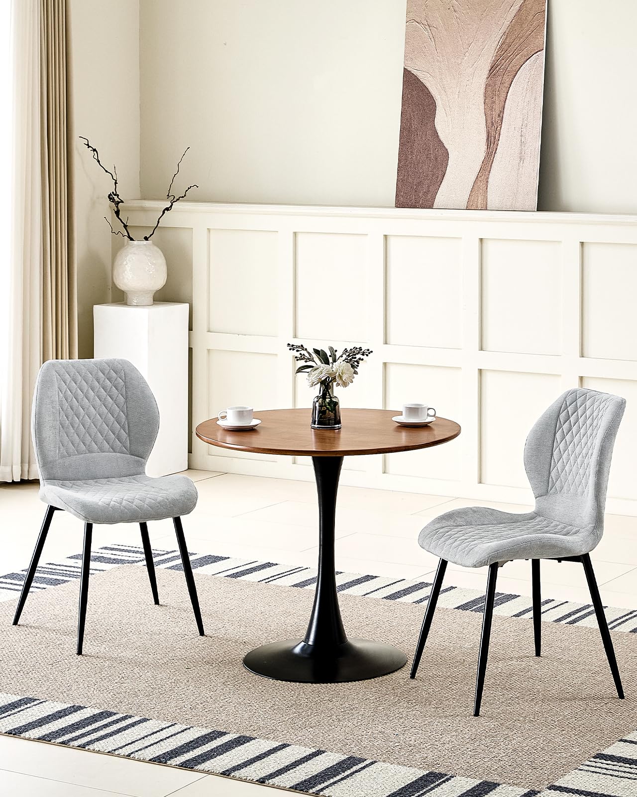 LEWE Set di 4 Sedie da pranzo in lino, stile moderno a scacchi con gamba in metallo, imbottite, sedia da cucina senza braccioli per ristorante/soggiorno/camera da letto, [grigio]