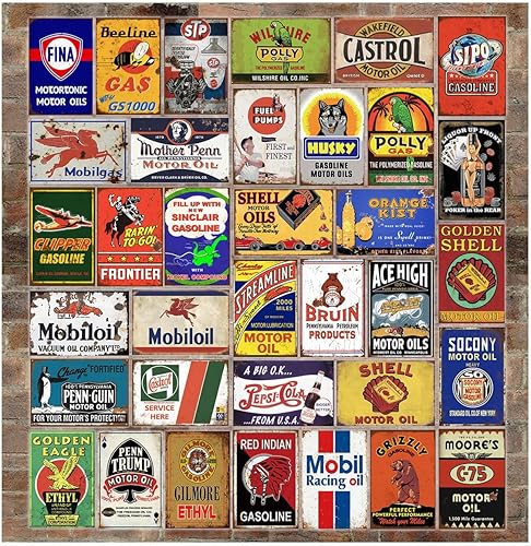 35 letreros de estaño vintage reproducidos, carteles de metal antiguo con aceite de gas retro para garaje, hombre, cueva, bar, cocina, decoración
