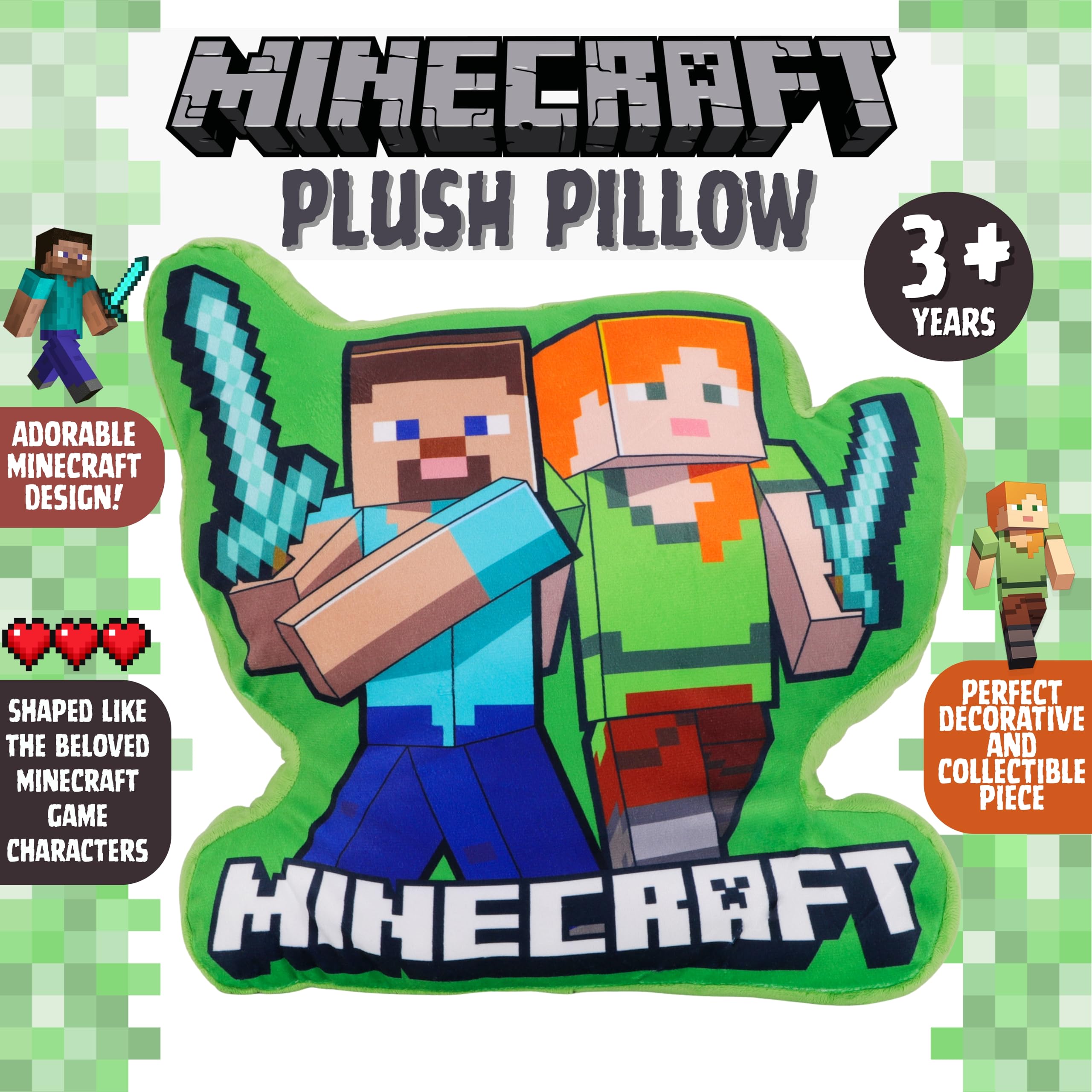 Toyland® 34 cm (13”) Minecraft Verde Cuscino in peluche - Super morbido, decorativo, carino, cuscino da coccolare per bambini - Accessorio per camera da letto, divano e ufficio