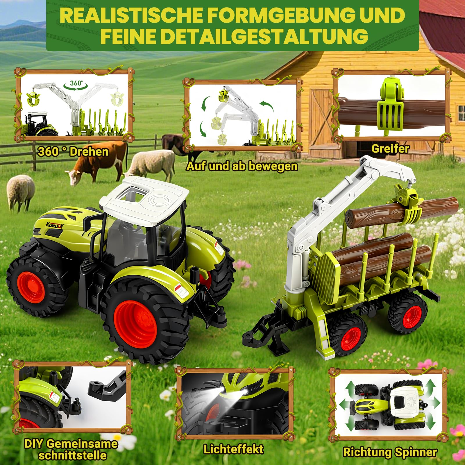 BuzzoXerex Ferngesteuerter Traktor Ferngesteuert, 1:16 RC Traktor mit Anhänger und Licht, 2.4 GHz Traktor Spielzeug mit Baumstämme, Kuh und Heuballen, Geschenk für Kinder ab 3 4 5 6 Jahre